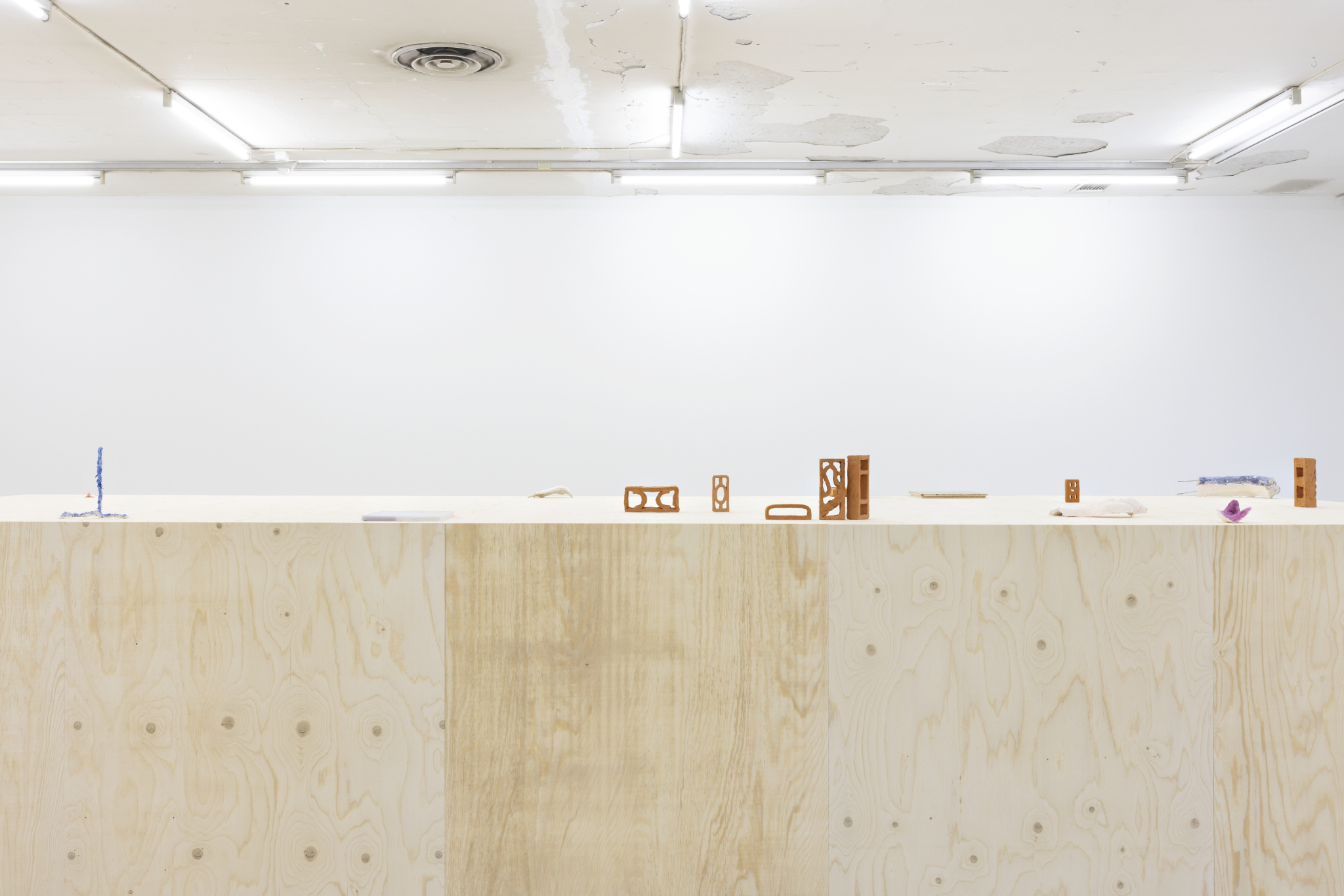 Keräilijä, 2024  Plywood, wood, plaster, dyed plaster, paper towel, dyed epoxy, wire, paraffin  602 x 241 x 132 cm , Yhdeksän kuumaa tiiltä, 2024 Earthenware Nine tiles in various sizes