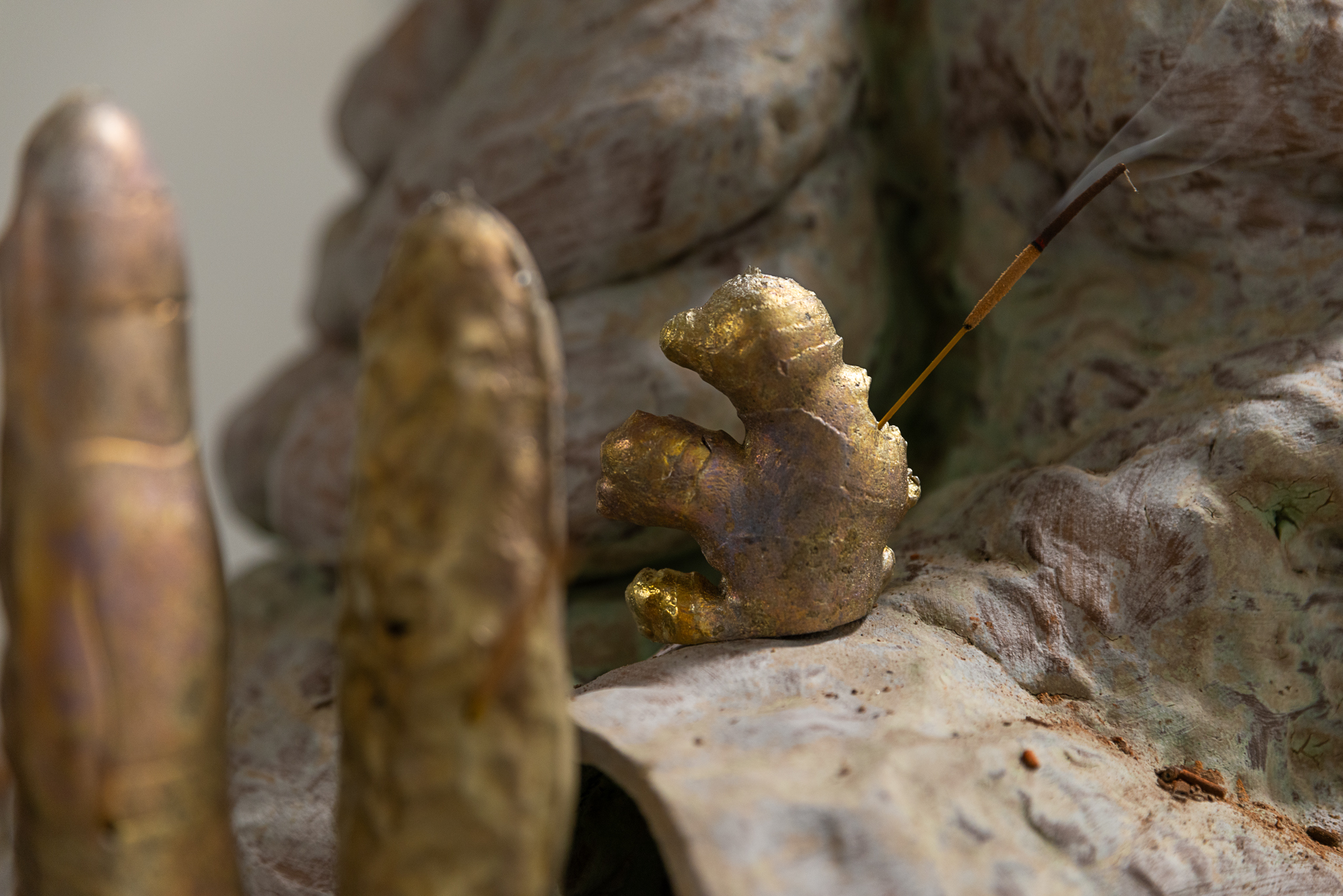 Detail, Feeding fetish (floor pot with chiminea, incense, water and plant), (2022), Glazed stoneware, cast pewter, water, water pump, plant, incense. Courtesy of the artist and Norwegian Sculptors Society