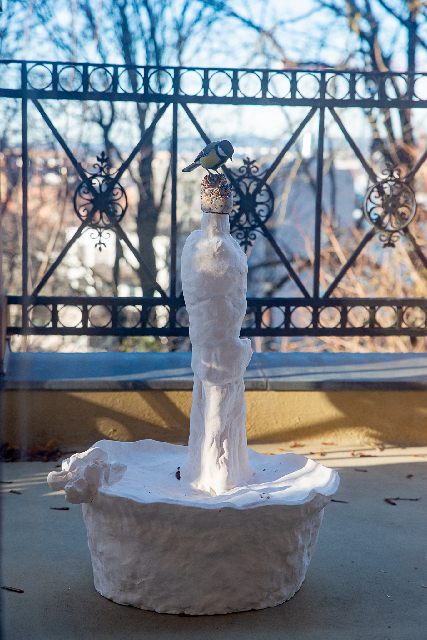 Outdoor pot (with birdbath, and fatball), (2024) Glazed soneware, water, fat, birdseeds (and bird?).