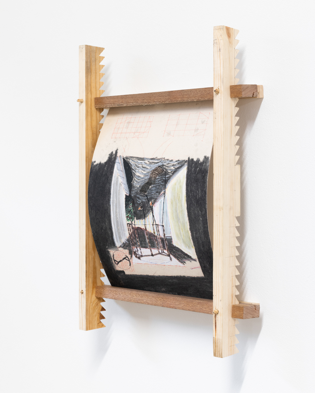 Samuel White, revolving door, night turbulance, 2024. Various paper, found wood, charcoal, biro, oil pastel
