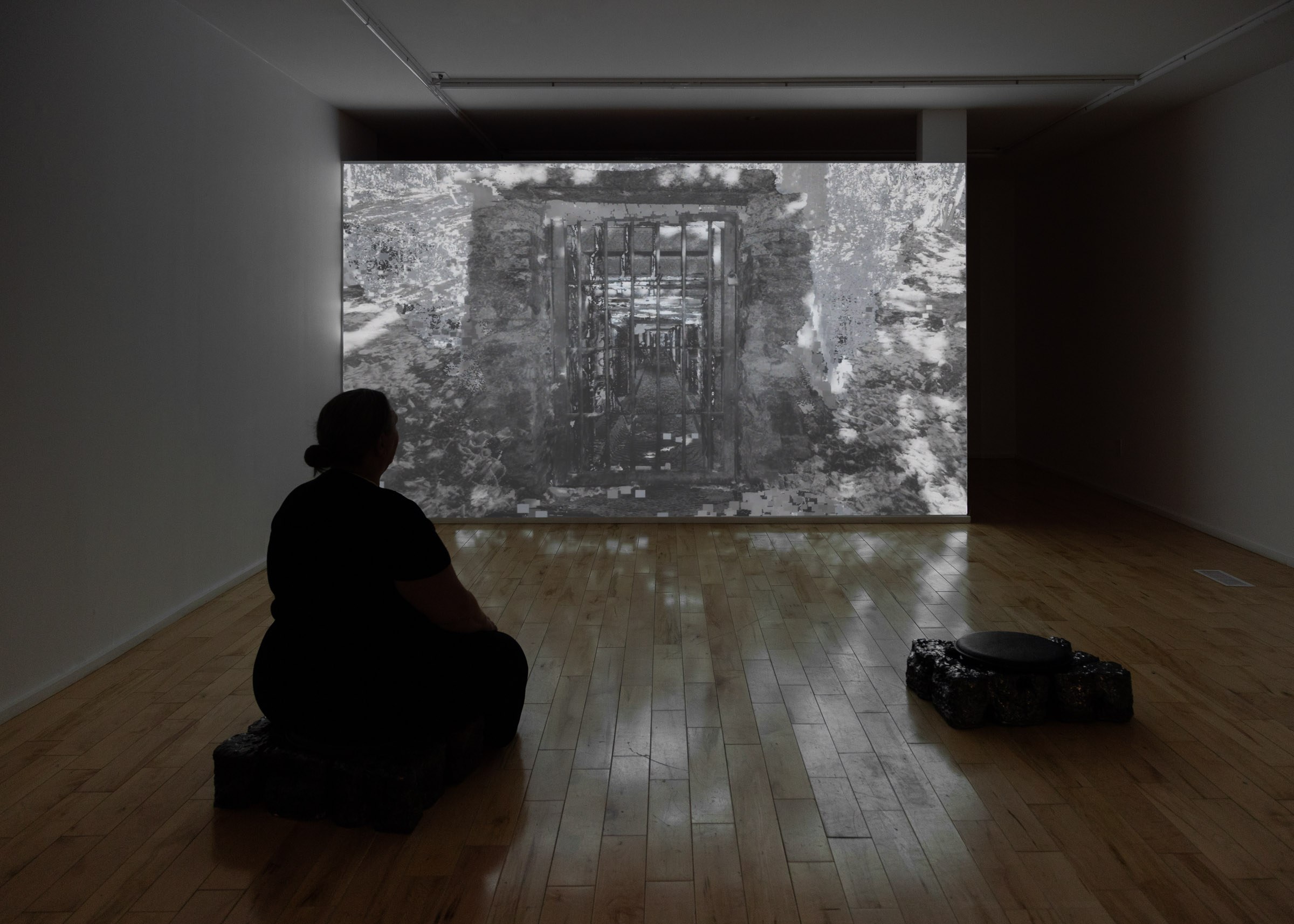 Installation View of "Donât Forget the Mountain!," 16mm film by Studio Pararaum and Christian Flemm at the Visual Arts Centre of Clarington, 2024.