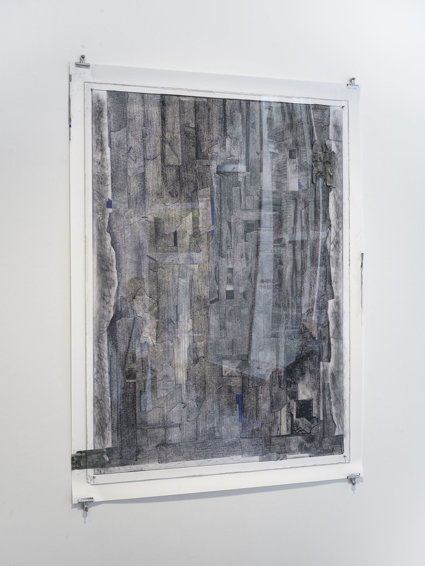 ‘Tape’, acrylic, archival masking tape, charcoal, archival inkjet photograph on cotton rag paper, 152 x 112 cm, 2023.