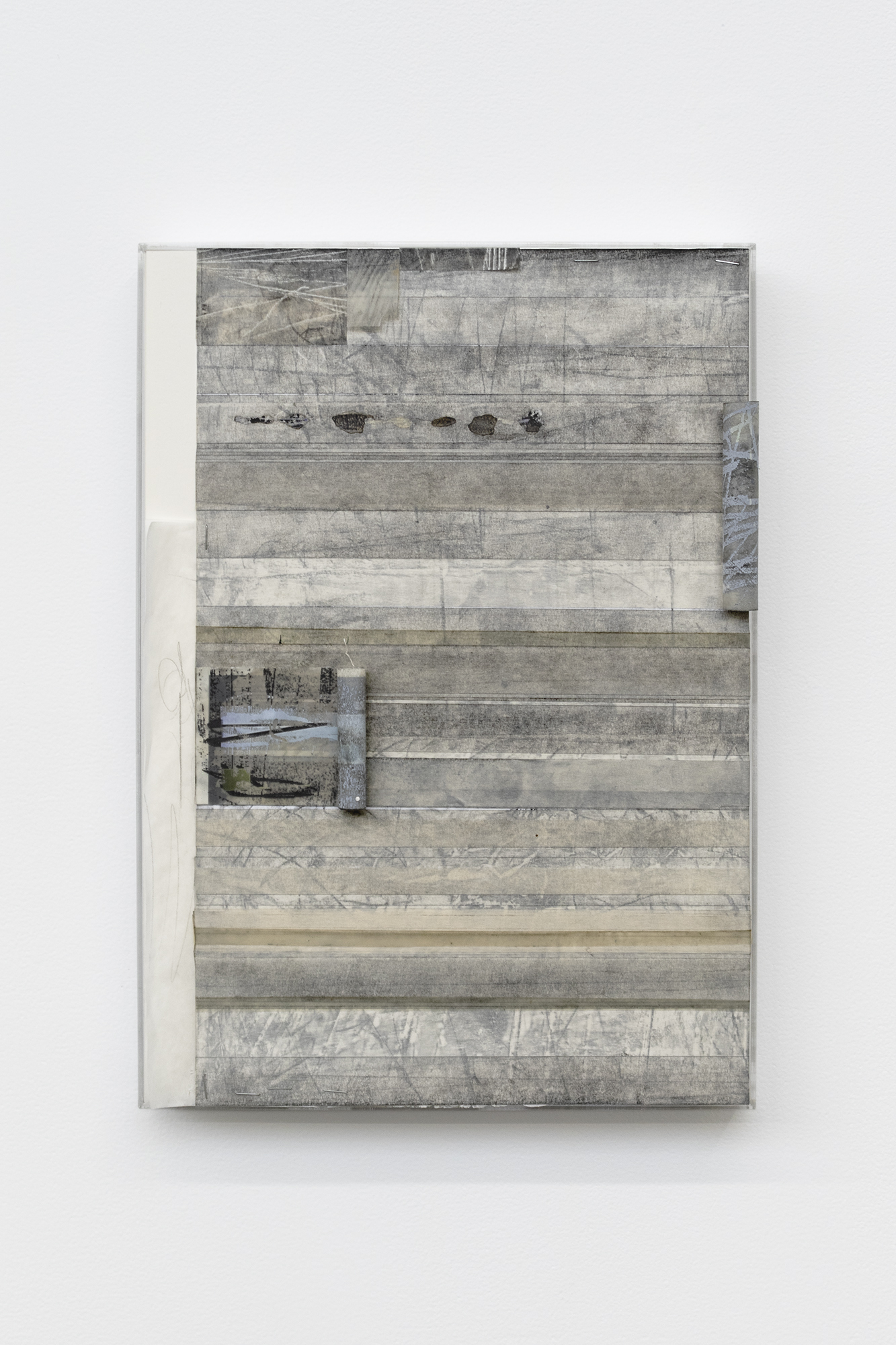 ‘Entrance_(p)’, tracing paper, grey lead pencil, charcoal, staples, archival masking tape, mesh tape, ink, glue and cotton thread on glossy paper, artist frame, 44 x 31, 2024.