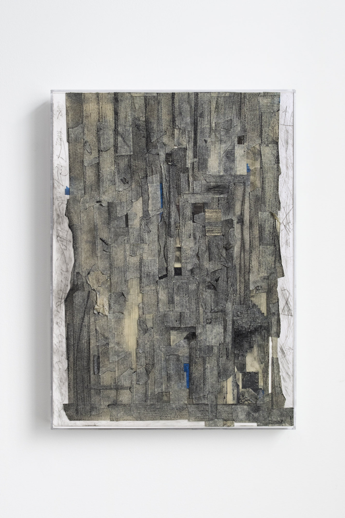 ‘Tape_(p)’, charcoal and masking tape on acrylic, artist frame, 47 x 34 cm, 2023.