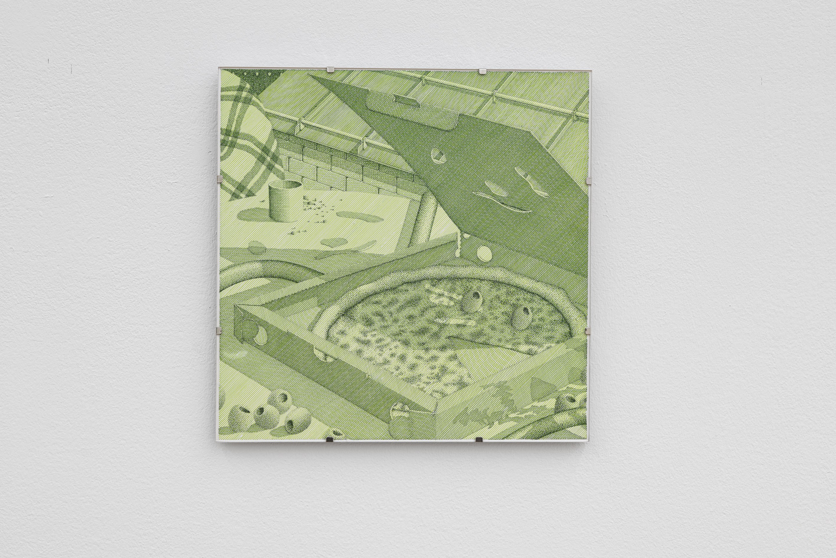 Wolfgang Matuschek, Roof, 2024, indian ink on paper in UV glass aluminum clip frame, 25 Ă 25 cm