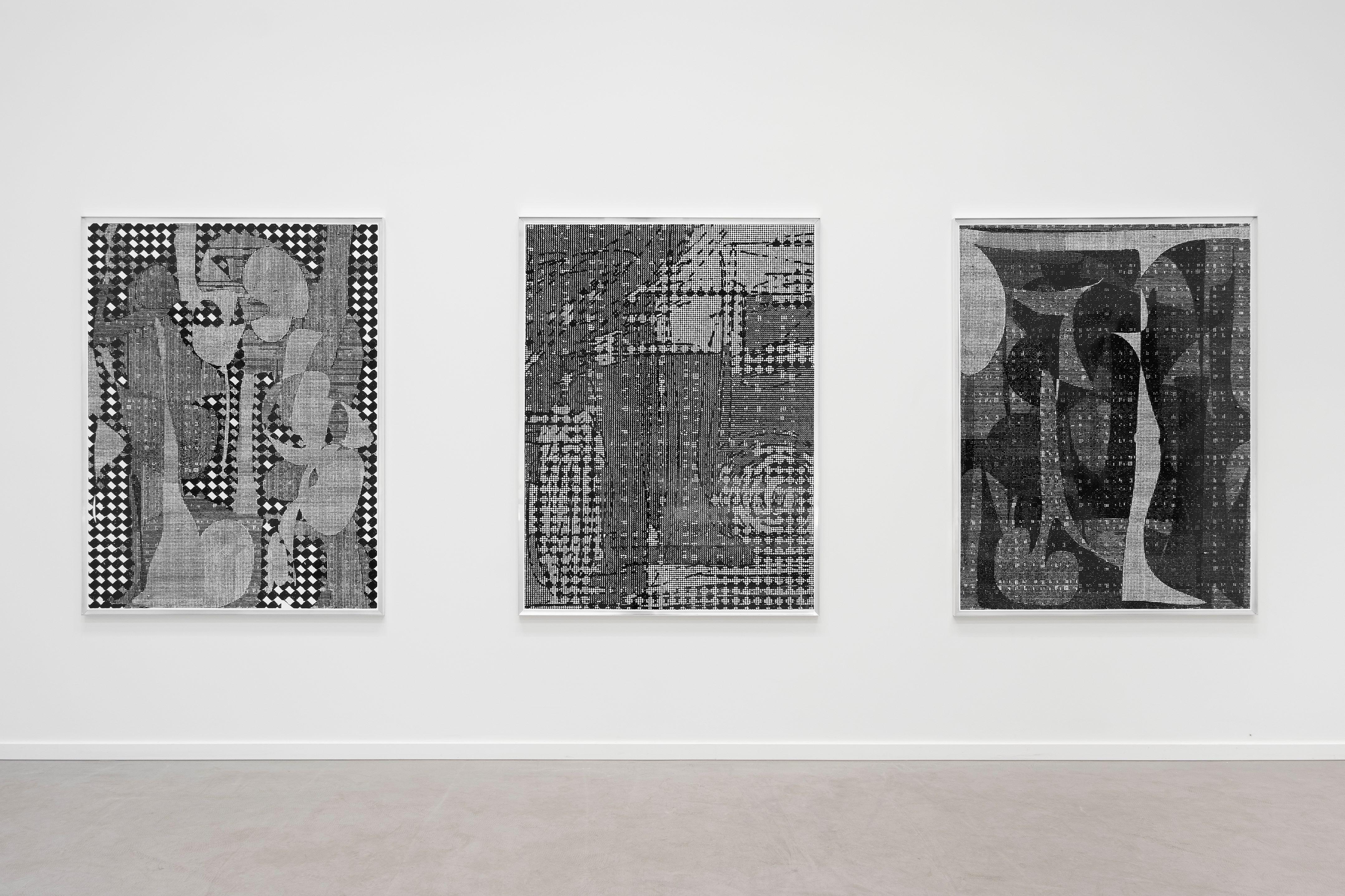 Room of the Present - Installation view: Le repas (L) - Une paire de bottes incroyable (M) - Le soir (R), Kamil Bouzoubaa-Grivel, 2024, Drawing: oil-based ink on coated paper