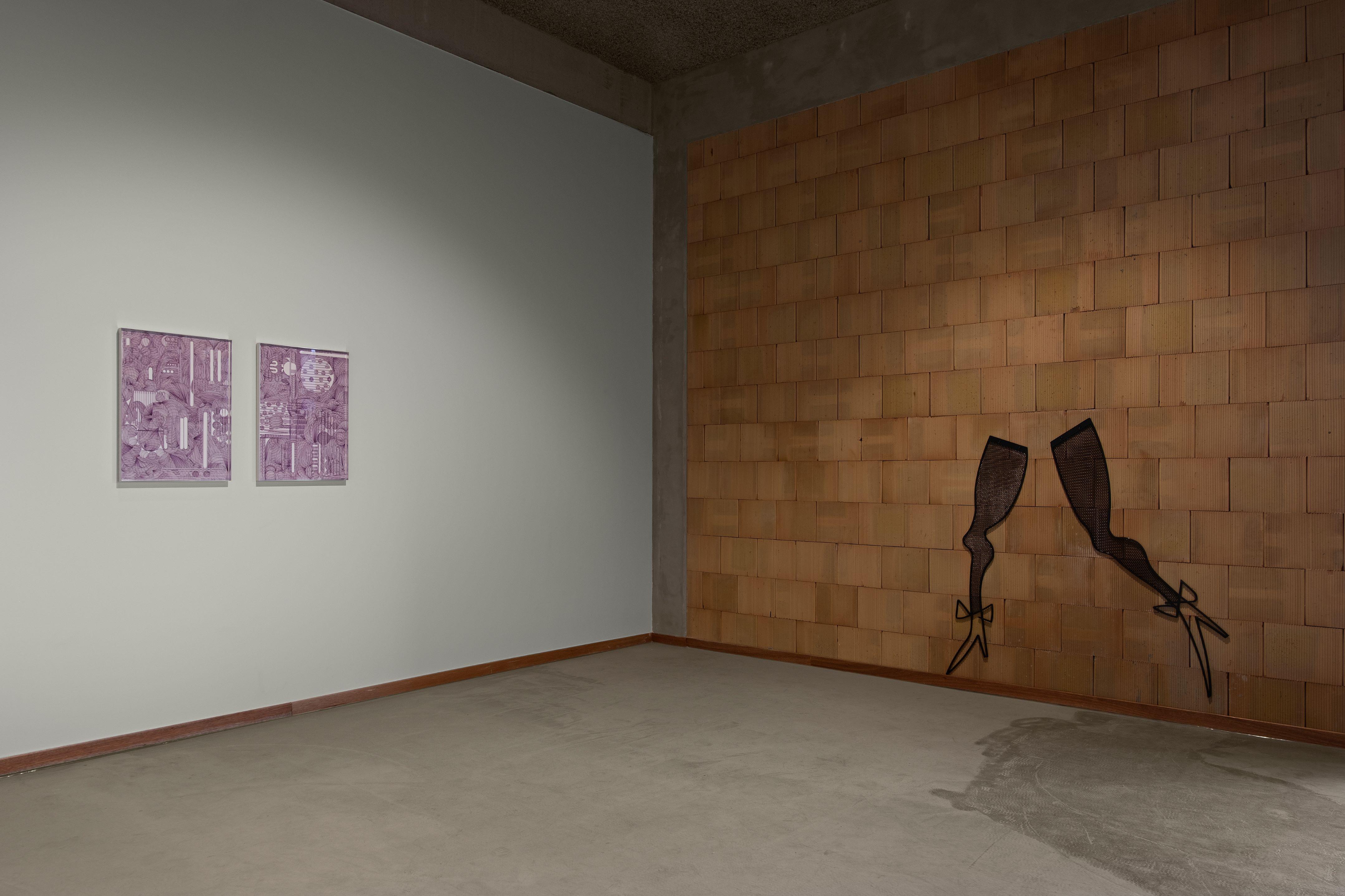 Room of the Future - Installation view:  Solénoïdes (2-3) (L), Kamil Bouzoubaa-Grivel, 2024, Drawing: gel ink on paper - Oops, I Did It Again (R), Julie Béna, 2020, Powder coated steel (Commission by Polansky gallery, Prague)