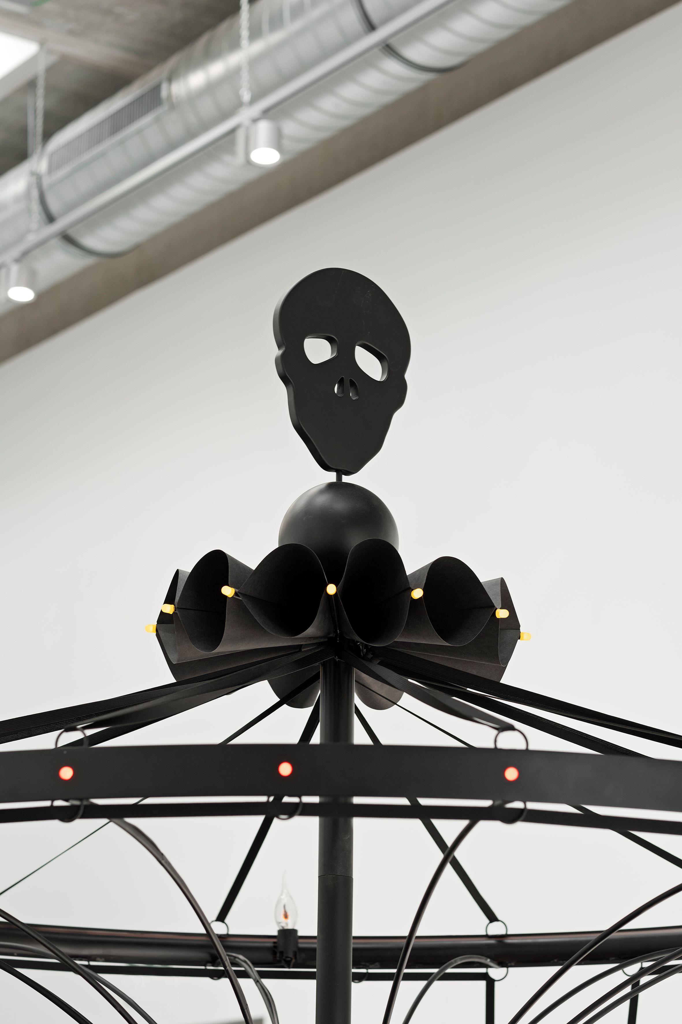 Carrousel of Death, Julie Béna, 2024, Powder coated steel, wood, plexiglass, electric system, bulbs, elastic (detail)