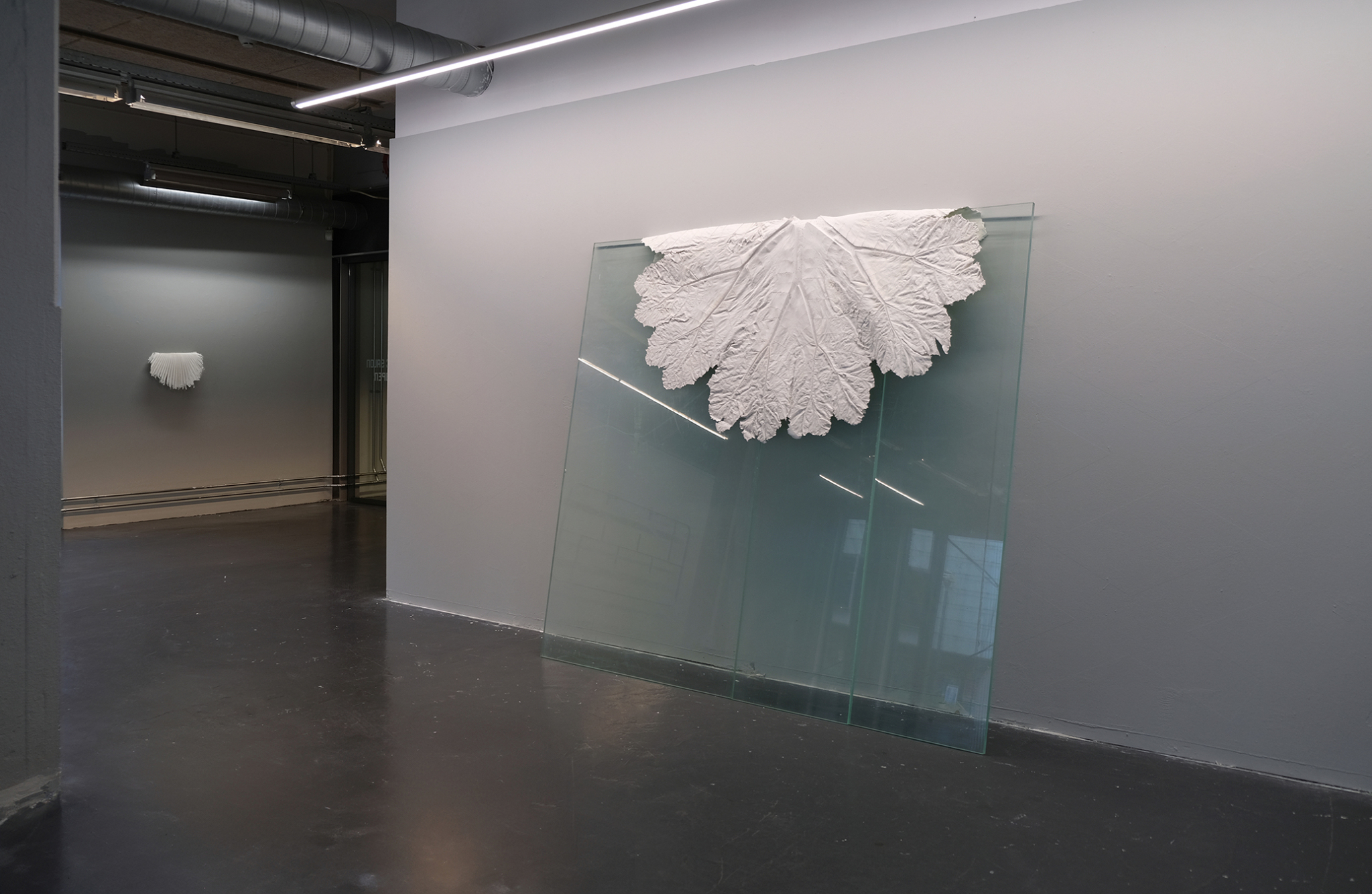 Annegret Kellner, âAnaesthesia Series - Mammoet IIâ, silicone cast on former greenhouse sheet, 2023 / âSemiramis Sway Serie - Washingtonia palmâ, silicone cast on steel bracket, 2022