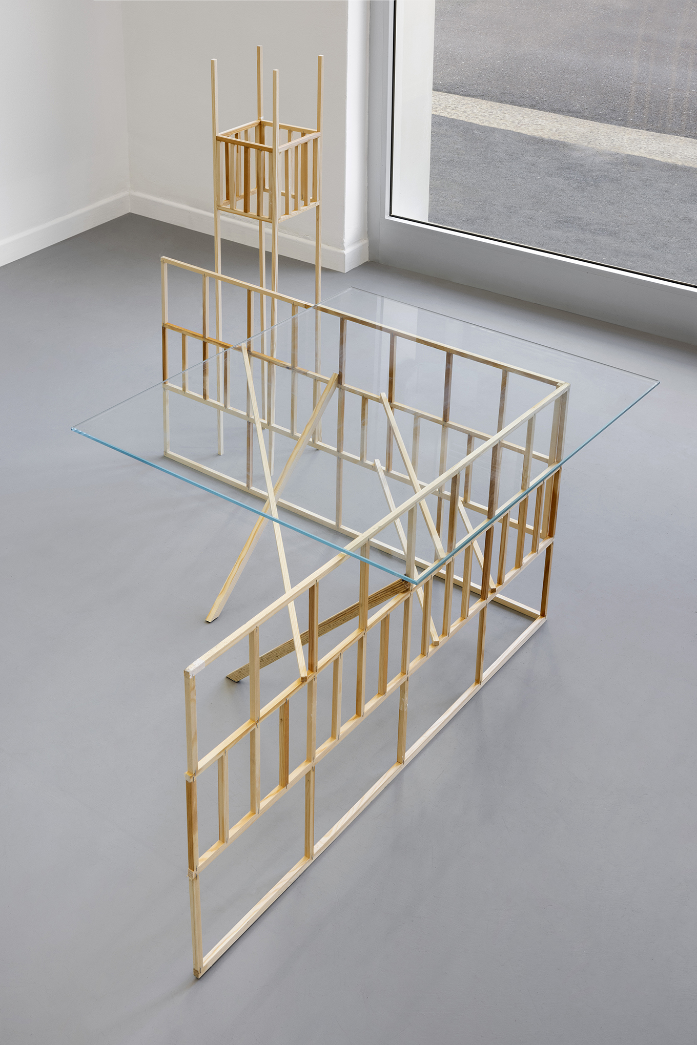 Josef Strau, Doge Palace inspired Sofa Side Table, 2024, wood, glass, 98x17x17 cm + 53x112x112.5 cm, Courtesy the artist and Diana, Milan