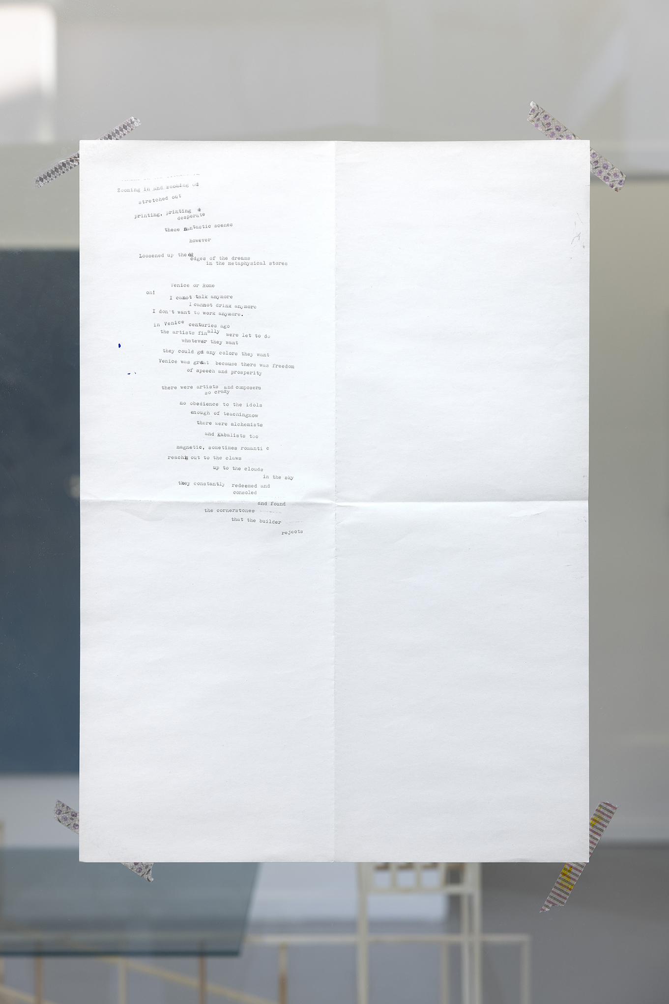 Josef Strau, Olivetti Lettera inspired press text Capriccio, 2024, type written paper, 59.4x42 cm, Courtesy the artist and Diana, Milan