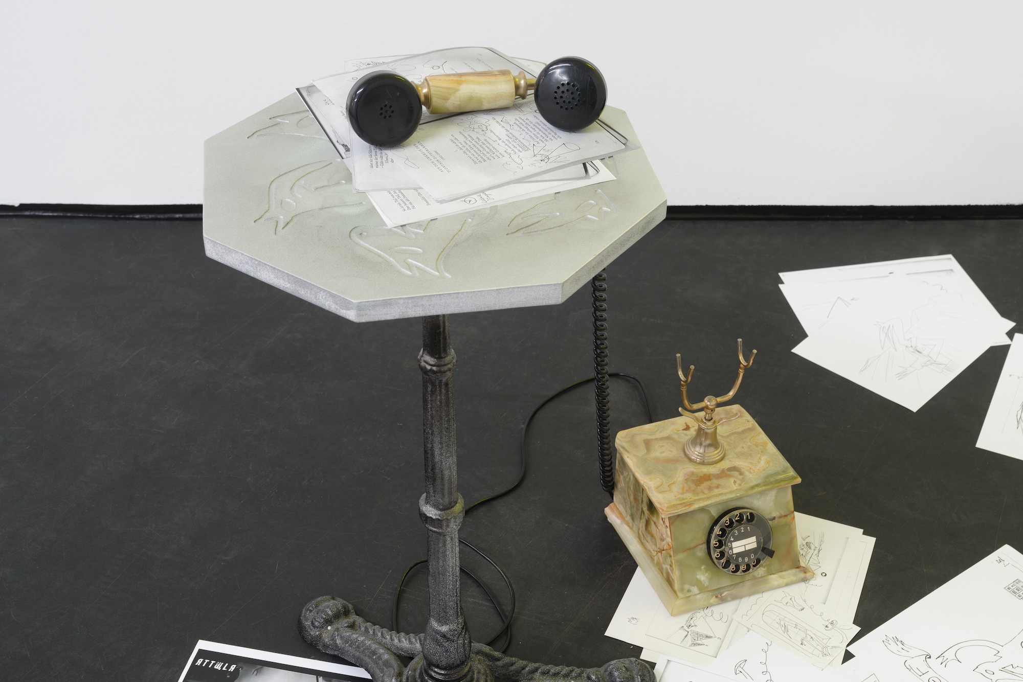 Niko Abramidis &NE, neo classic table with accessories for temporary unreachable poetic dialogue, 2024 | Courtesy of max goelitz | Copyright of the artist