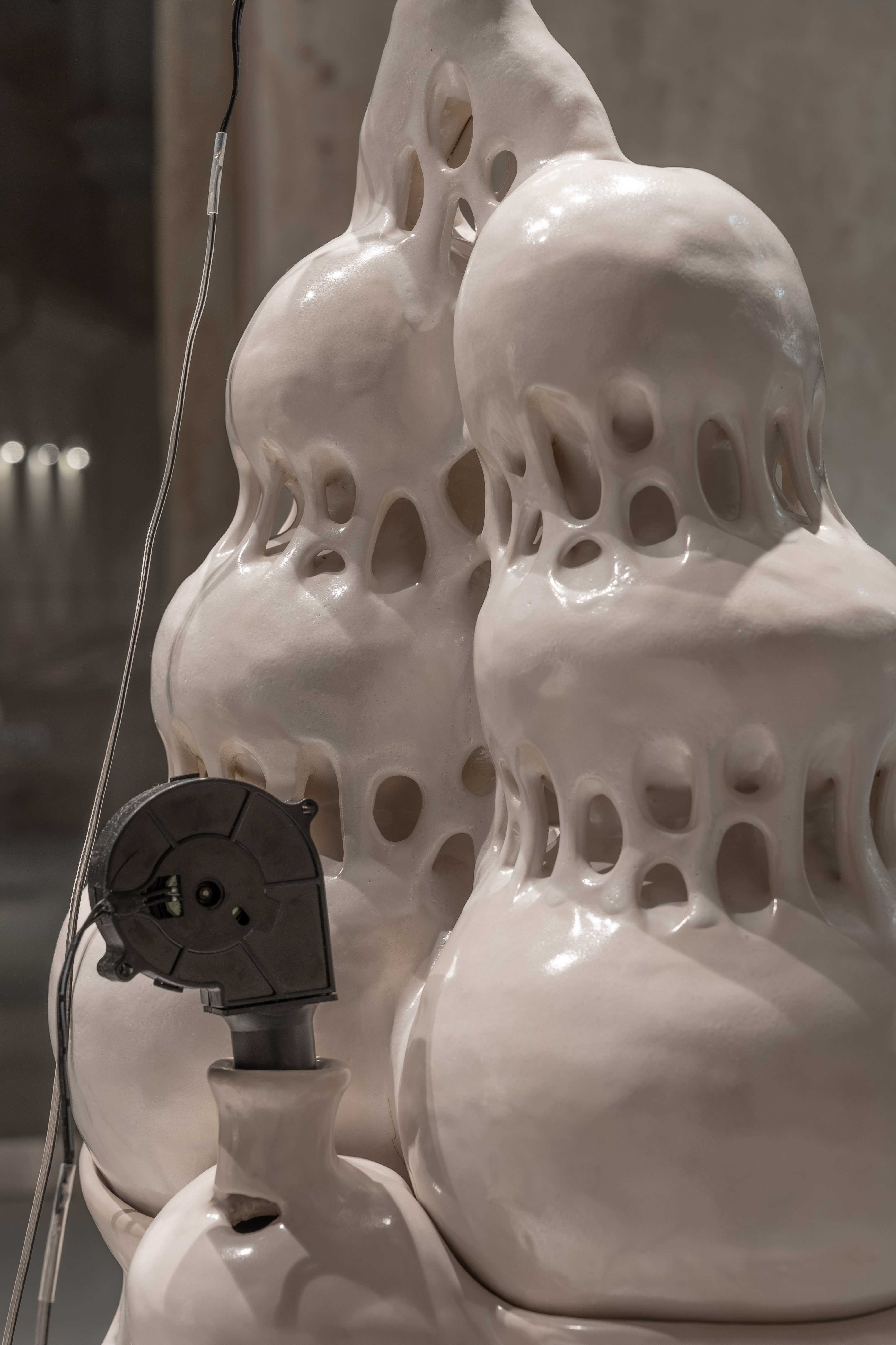 Elena LaurinaviÄiÅ«tÄ, Soundscrapers, 2024, ceramic sculptures, cooling fans.