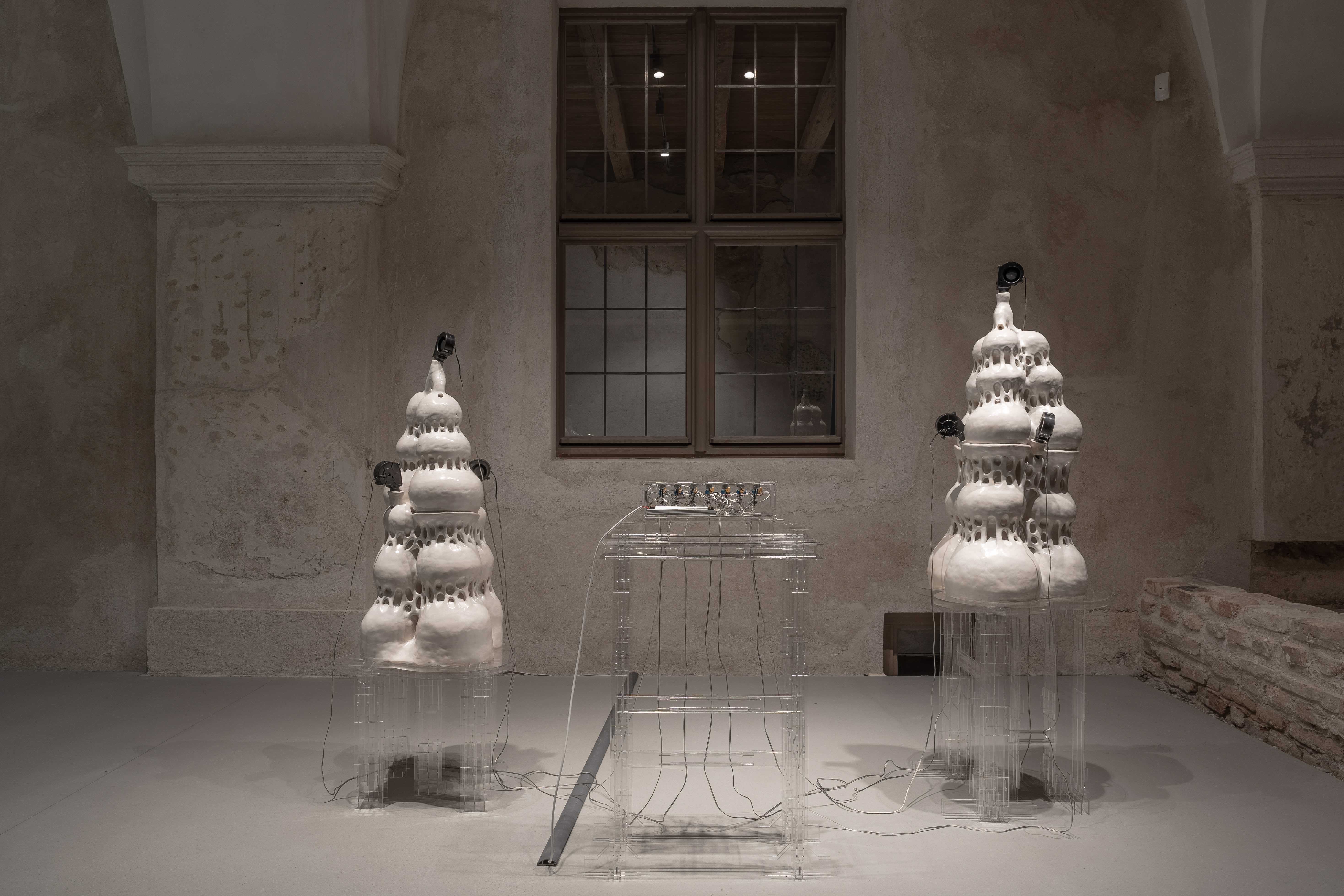 Elena LaurinaviÄiÅ«tÄ, Soundscrapers, 2024, ceramic sculptures, cooling fans.