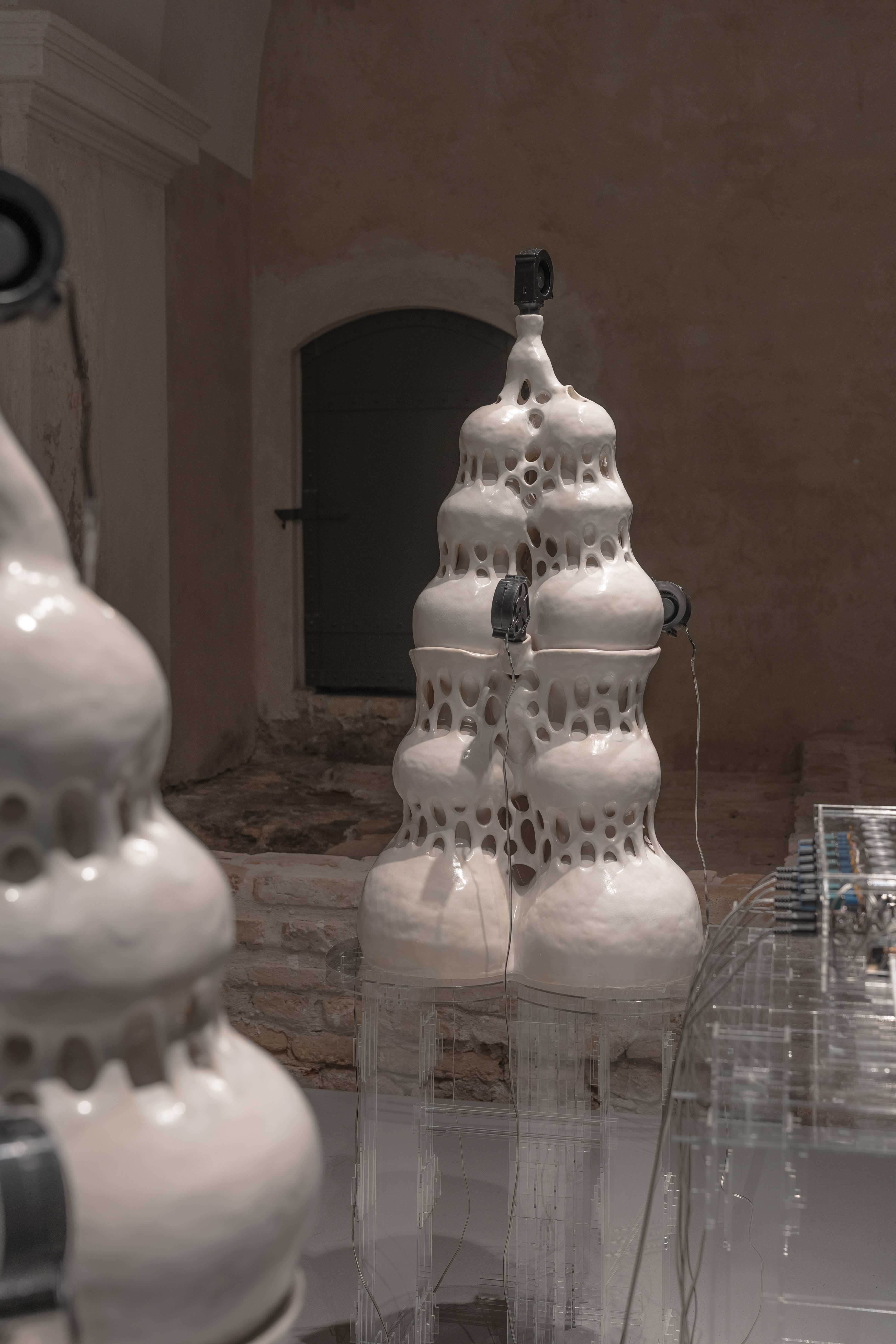 Elena LaurinaviÄiÅ«tÄ, Soundscrapers, 2024, ceramic sculptures, cooling fans.