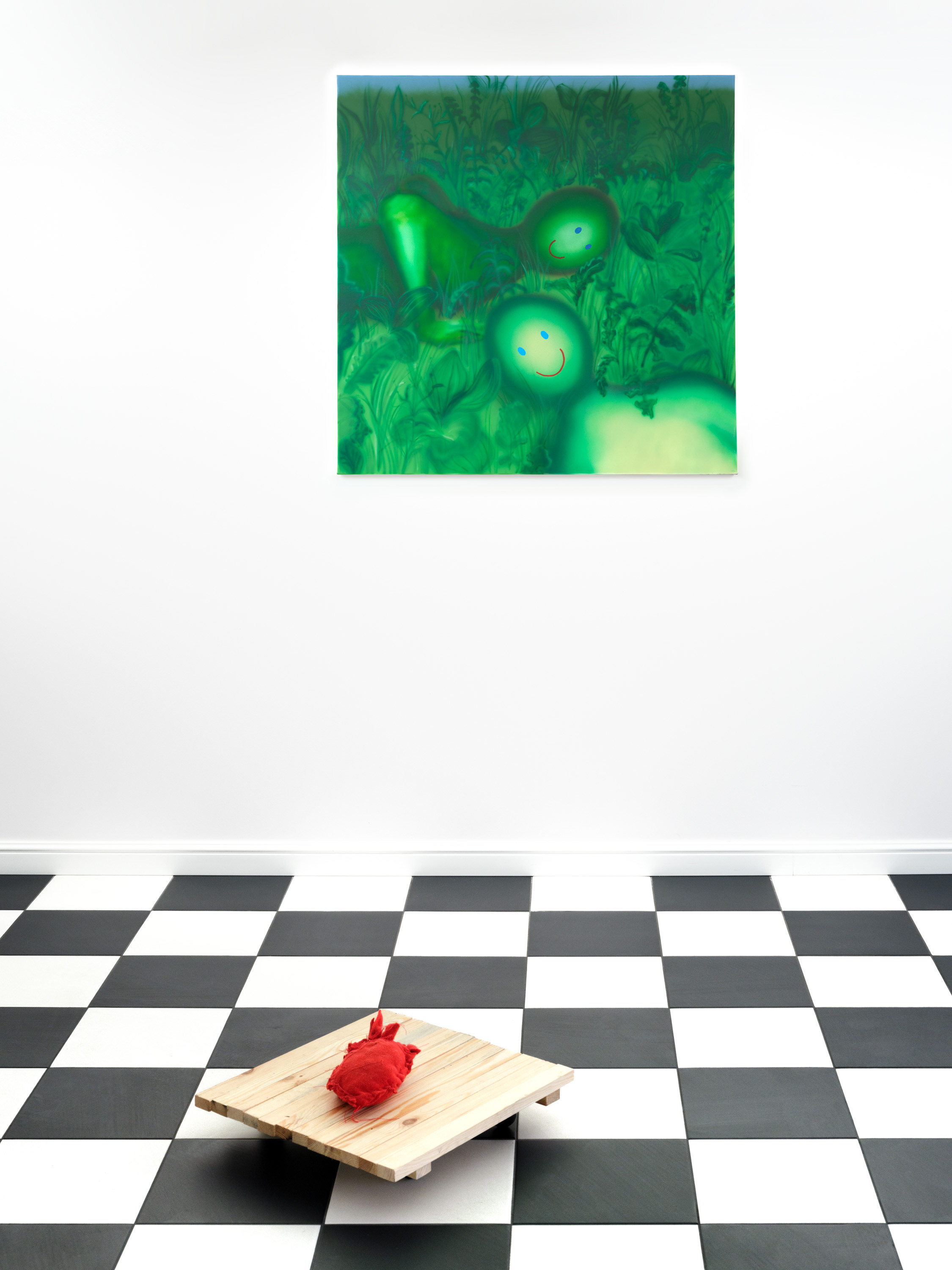 Maja Janczar "Chwasty trzeba wyrwaÄ", 2021, acrylic on canvas, 100x100 cm, Tomek Paszkowicz Triptych "Works I made by accident", 2024, wood, wheels, plush, fleece