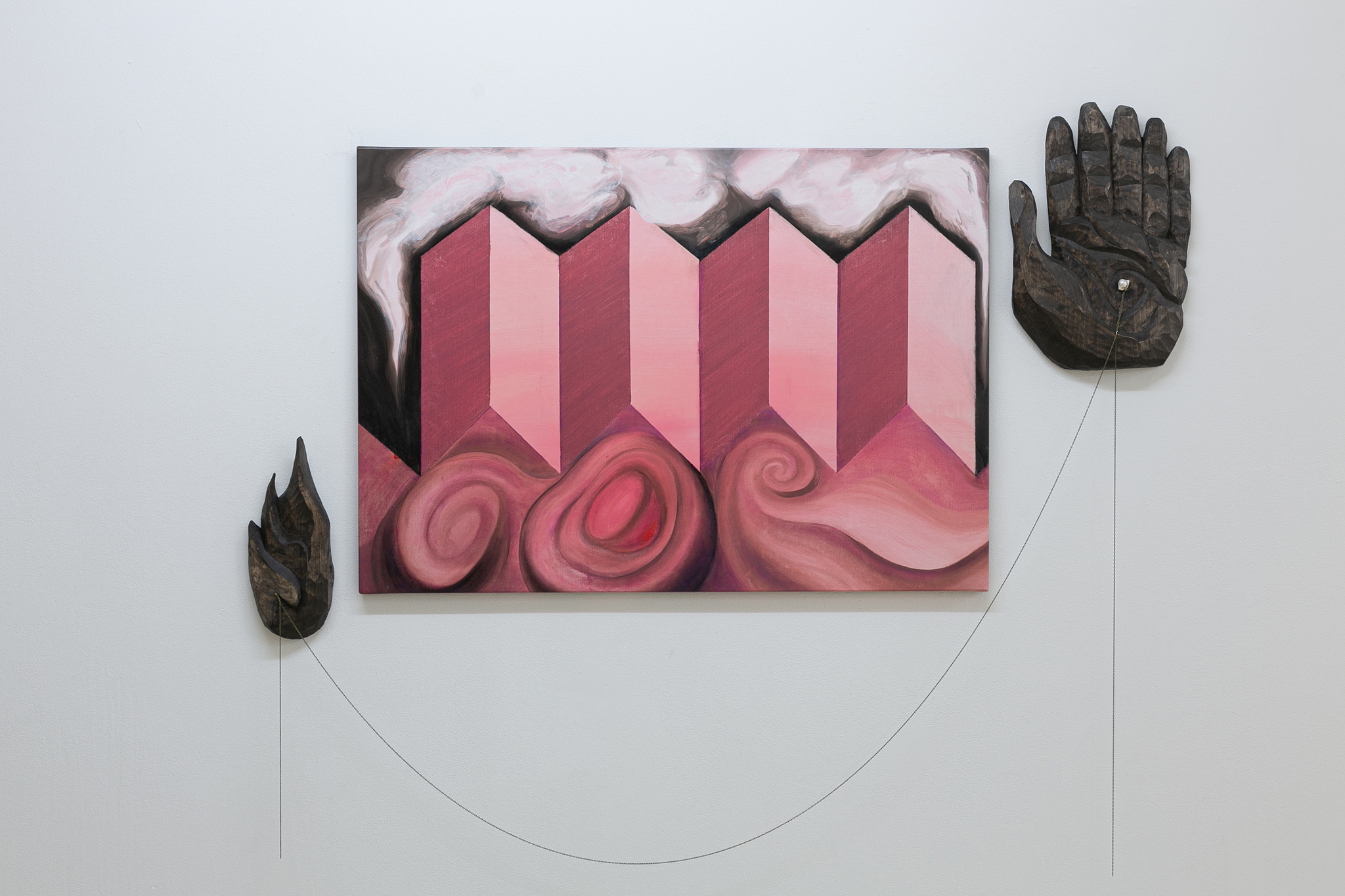 Kamilė Krasauskaitė, Pearl Reading (With Intention of Six Fingers), 2024. Oil on canvas, two wooden barreliefs, river pearl, chain, 66 cm x 94 cm