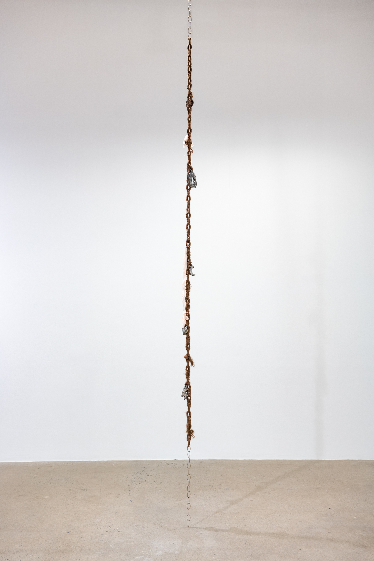 Cindy Hill, "Keepsake", chain, glazed stoneware, silk chiffon, curtain ties, 12â 9â x 4â x 4â, 2024