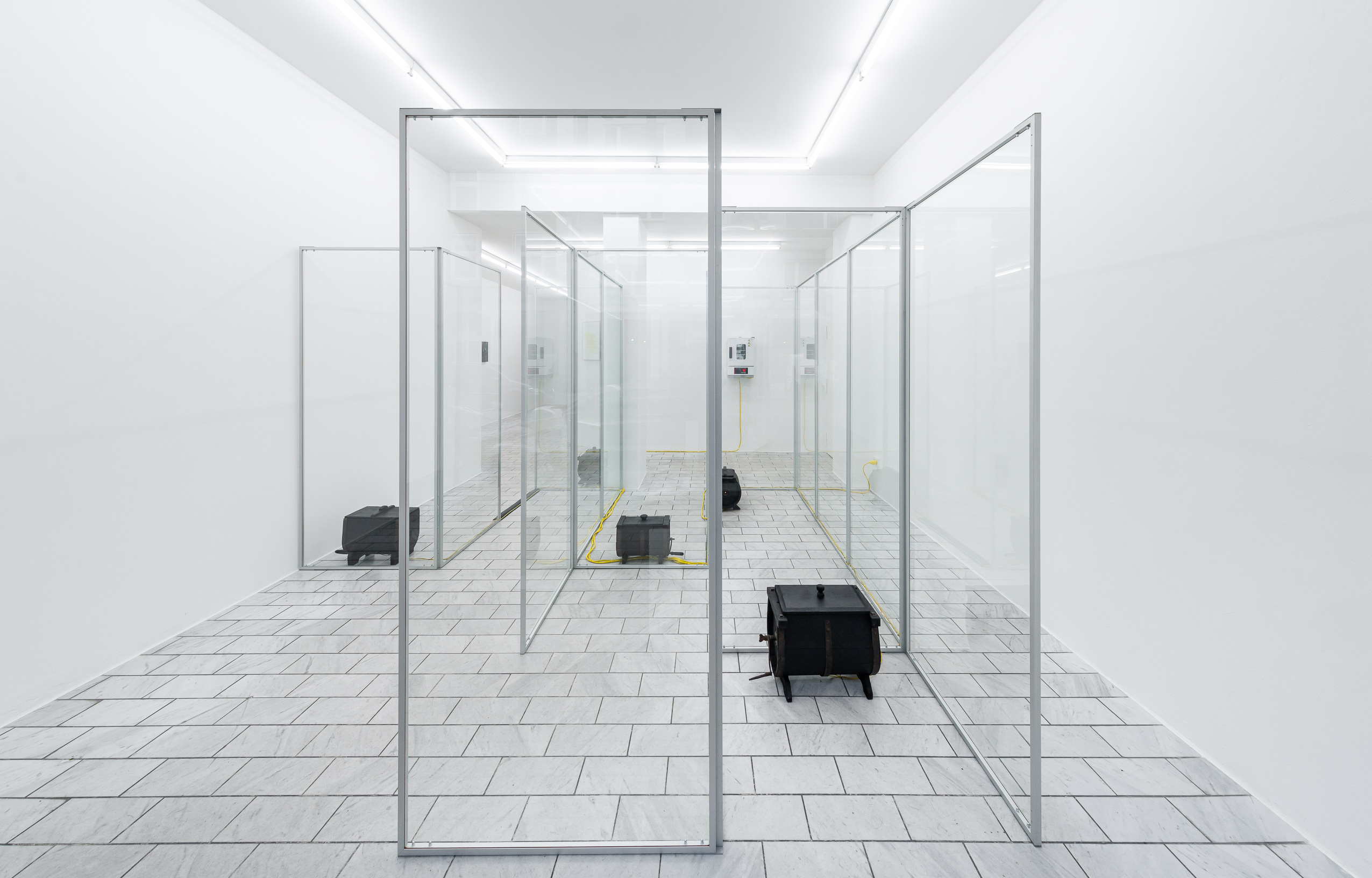 Installation (glass labyrinth, butter vats, Physarum Polycephalum in Petri dish, incubator, measuring circuit, live sound)