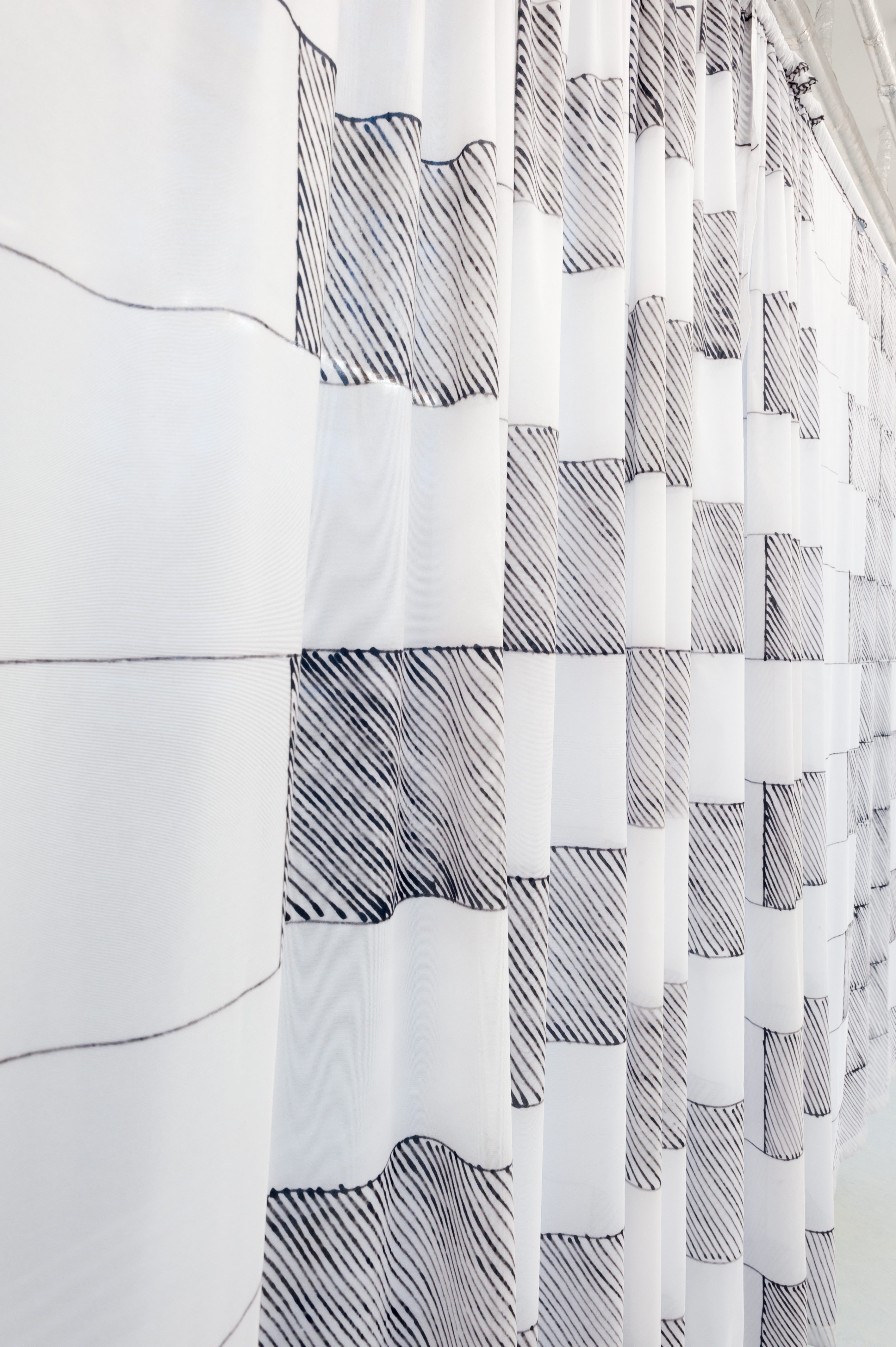 Dominique Hurth, Accurate to Standards, Well-proportioned, Finely structured, Digital print on fabric, 1931x205cm (detail), 2021, exhibition view To want the world in a glass hat. at Neun Kelche, 2024, Copyright Dorothea Dittrich, VG Bildkunst 2024.