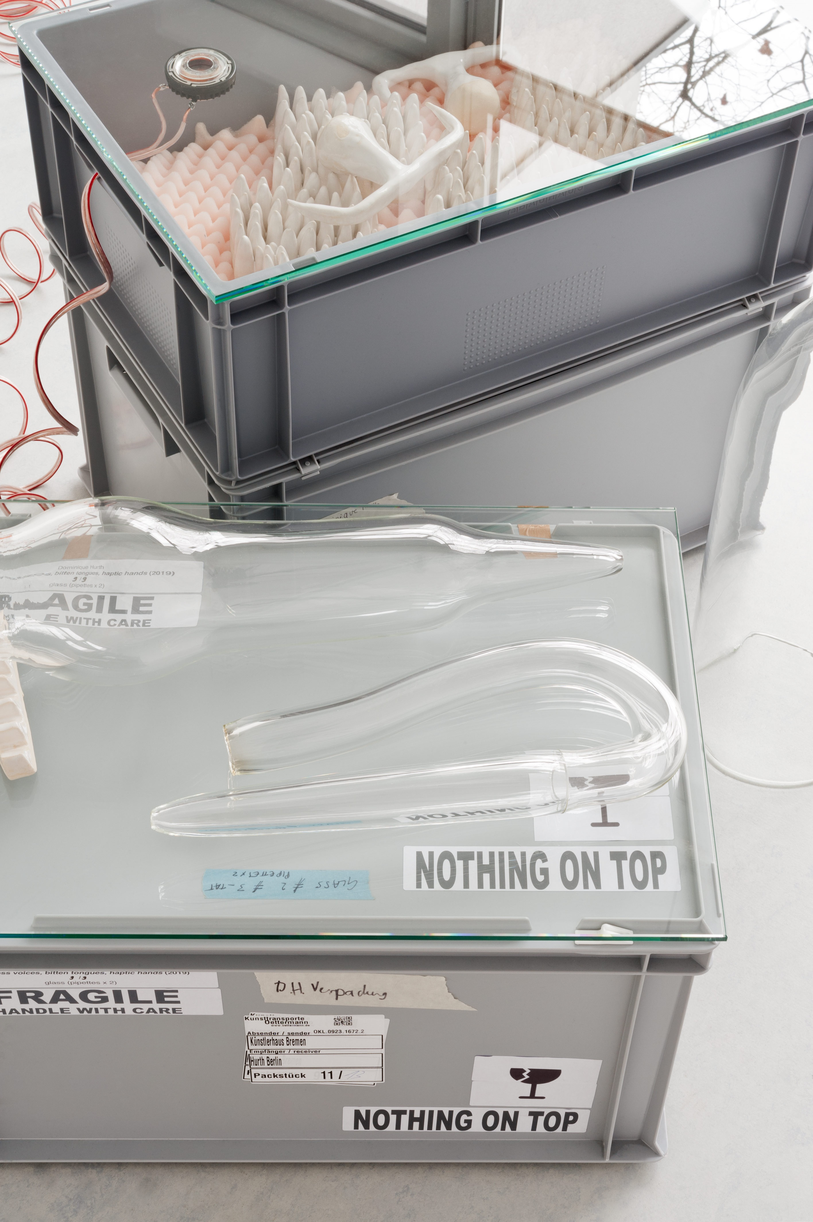 Dominique Hurth, soundless voices, bitten tongues, haptic hands, Blown glass, ceramics, glass, acrylic glass, acoustic foam, iron, 2019, exhibition view To want the world in a glass hat. at Neun Kelche, Copyright Dorothea Dittrich, VG Bildkunst 2024.