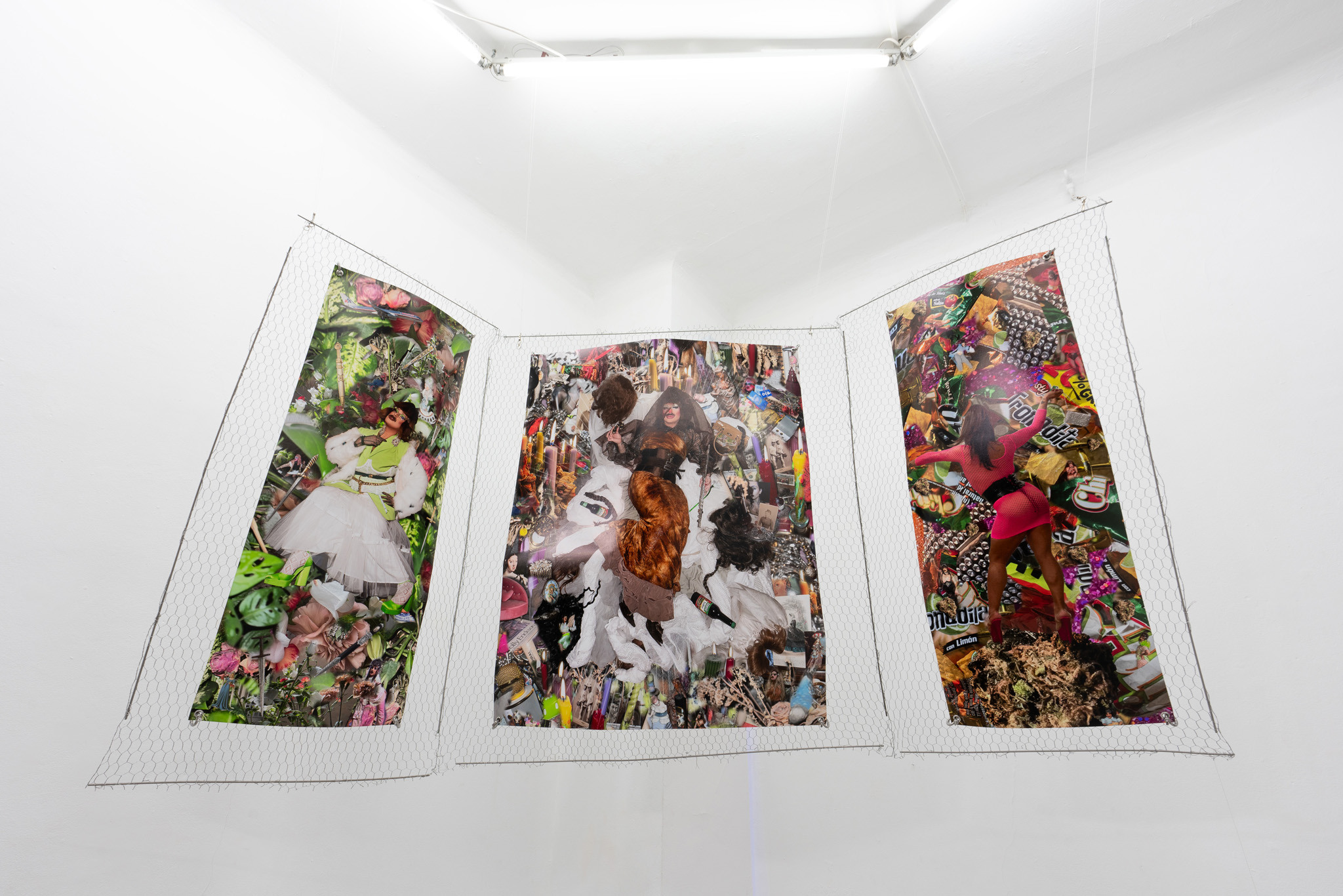 Luis Javier Murillo Zúñiga, Triptych of the Patronesses of the Performancia Perpetua, mixed media photo collage installation with chicken wire, 2024, exhibition view LA TERRE': My Likeness in Relics at Bistro 21, © photo by Laura Wichmann