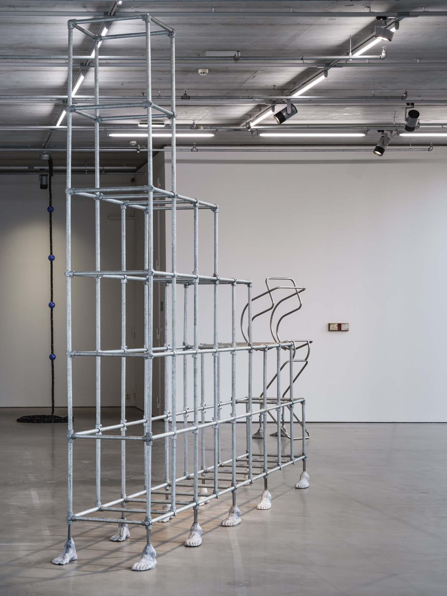 Raum Planner, 2024 450x350x50 cm, Galvanized steel, scaffolds, jesmonite, wax