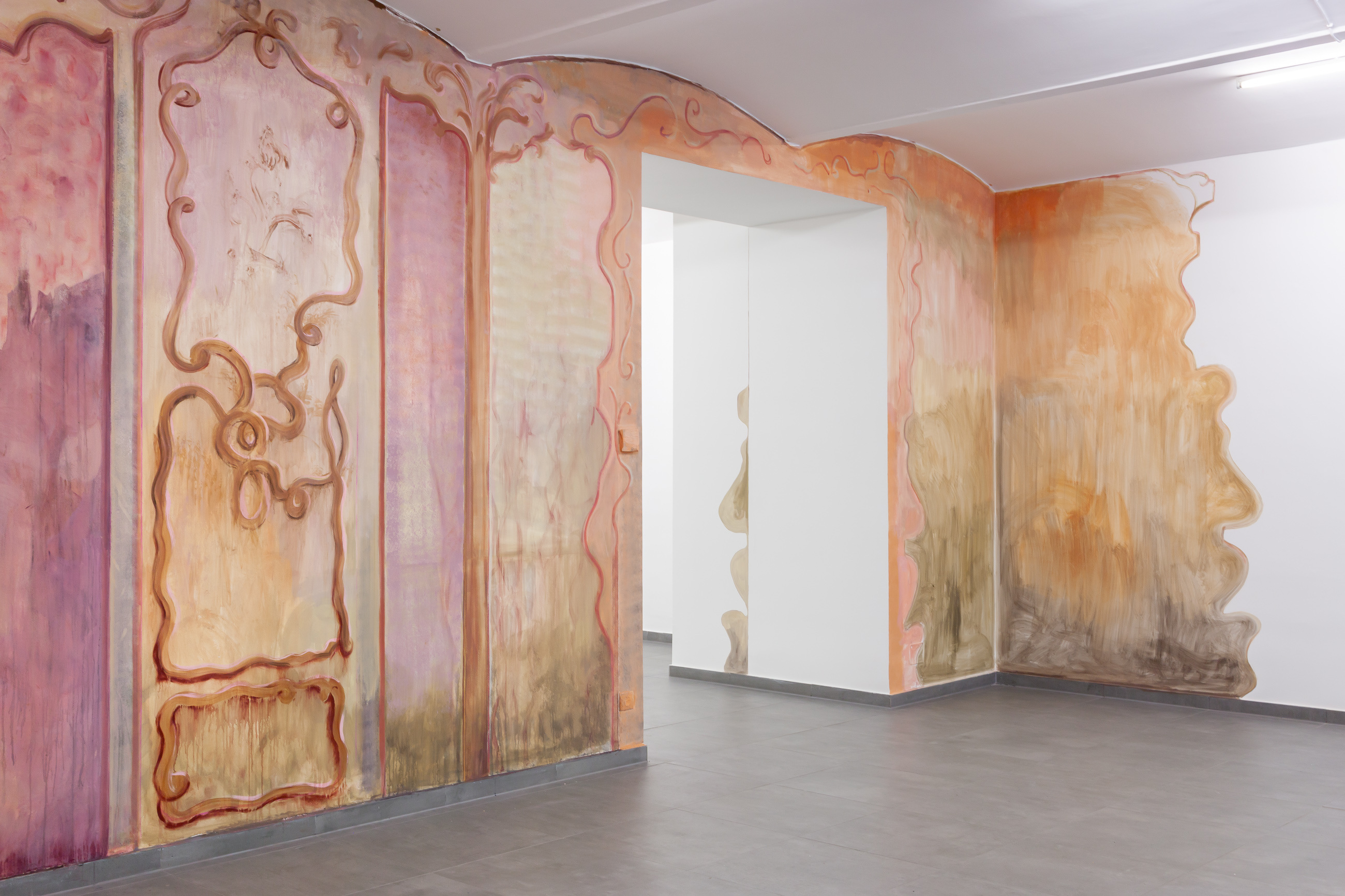 Conversation Piece, 2025, Site-specific painting installation, acrylic and pigment on wall. Variable dimensions. Photo: Flavio Palasciano. Courtsy of the Artist and VIN VIN Vienna / Naples.