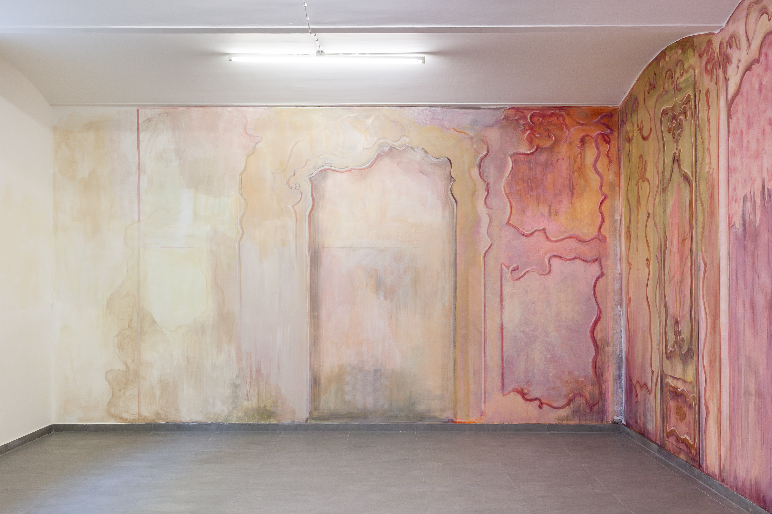 Conversation Piece, 2025, Site-specific painting installation, acrylic and pigment on wall. Variable dimensions. Photo: Flavio Palasciano. Courtsy of the Artist and VIN VIN Vienna / Naples.
