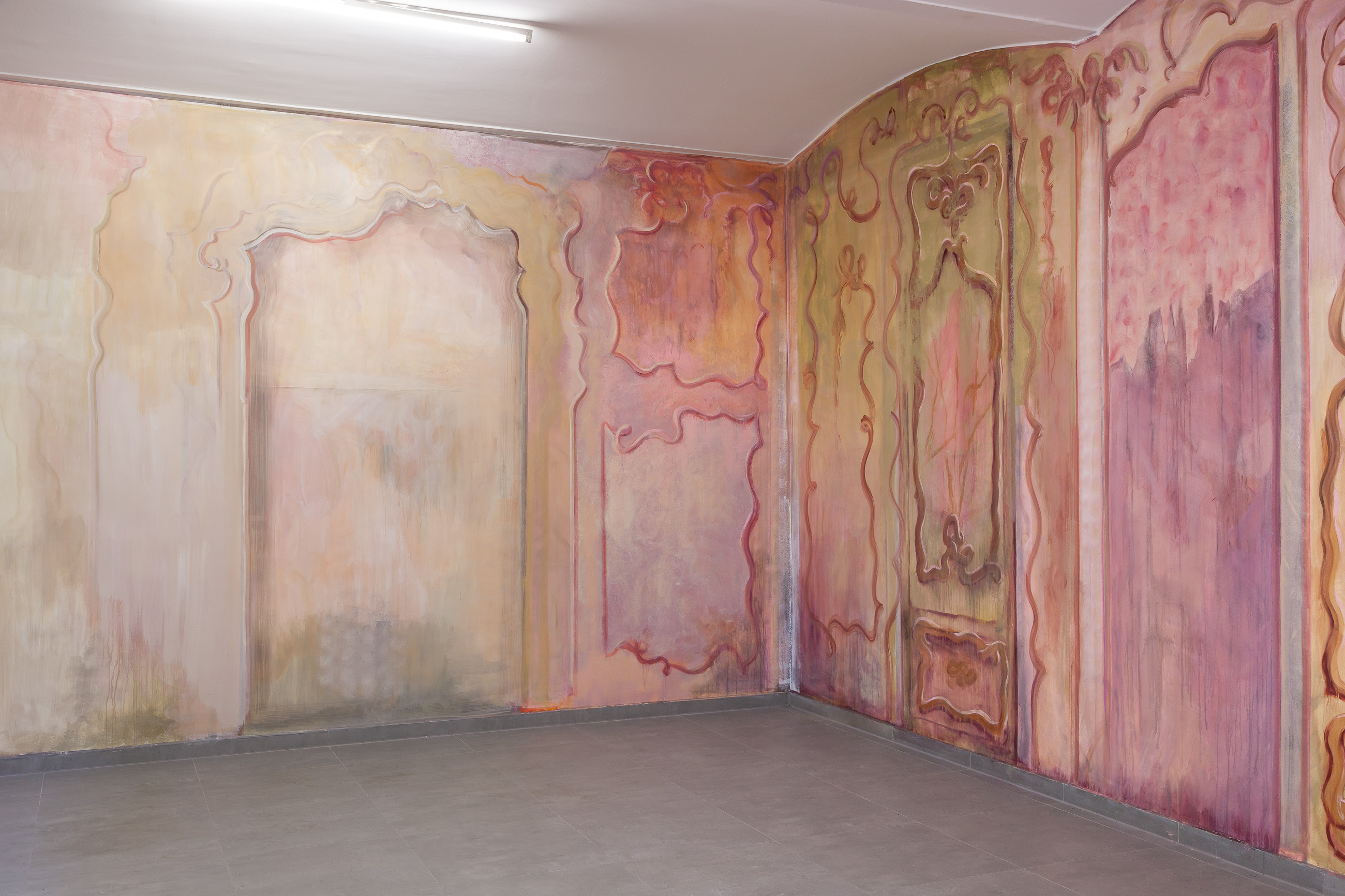 Conversation Piece, 2025, Site-specific painting installation, acrylic and pigment on wall. Variable dimensions. Photo: Flavio Palasciano. Courtsy of the Artist and VIN VIN Vienna / Naples.