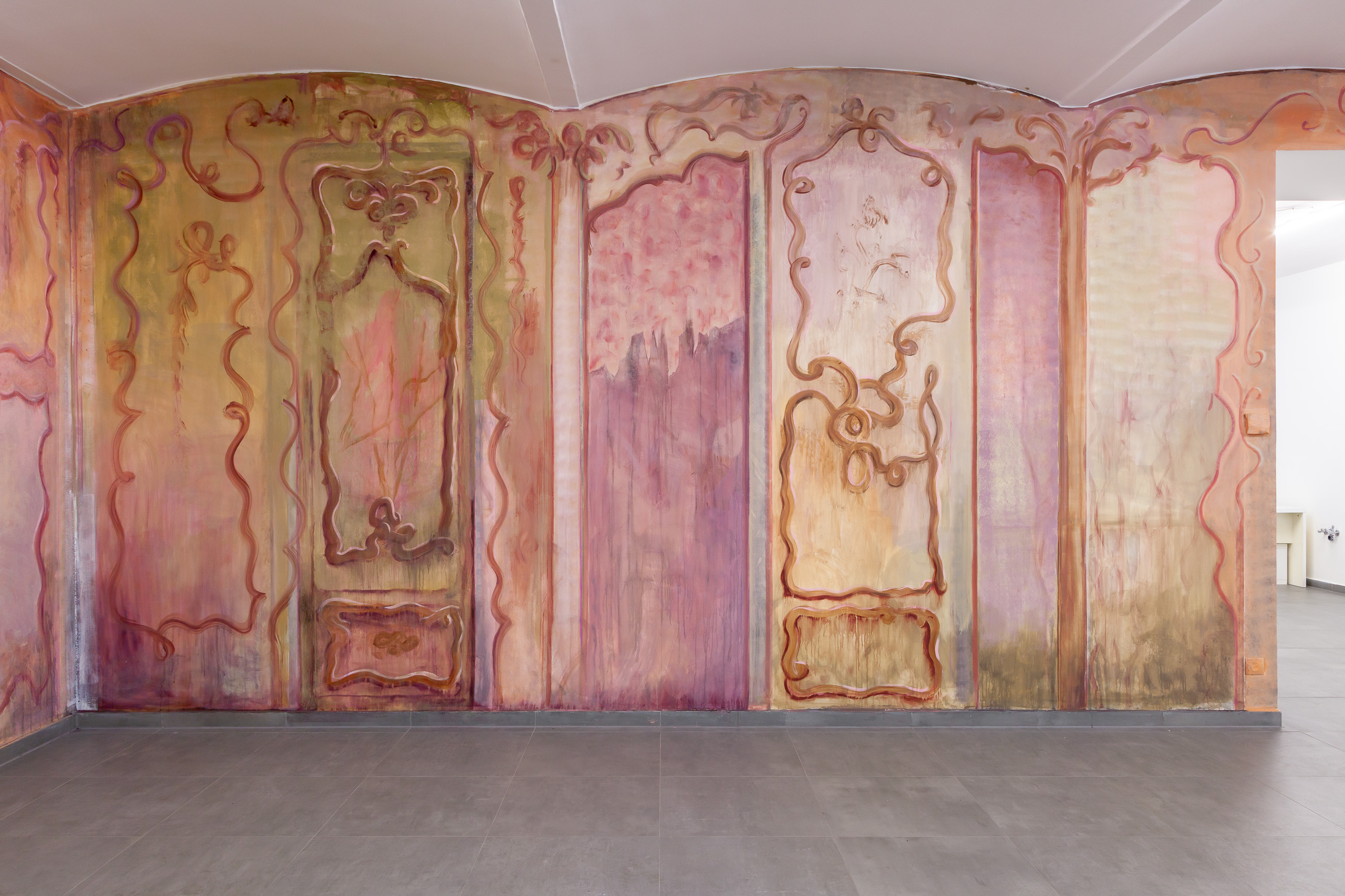 Conversation Piece, 2025, Site-specific painting installation, acrylic and pigment on wall. Variable dimensions. Photo: Flavio Palasciano. Courtsy of the Artist and VIN VIN Vienna / Naples.