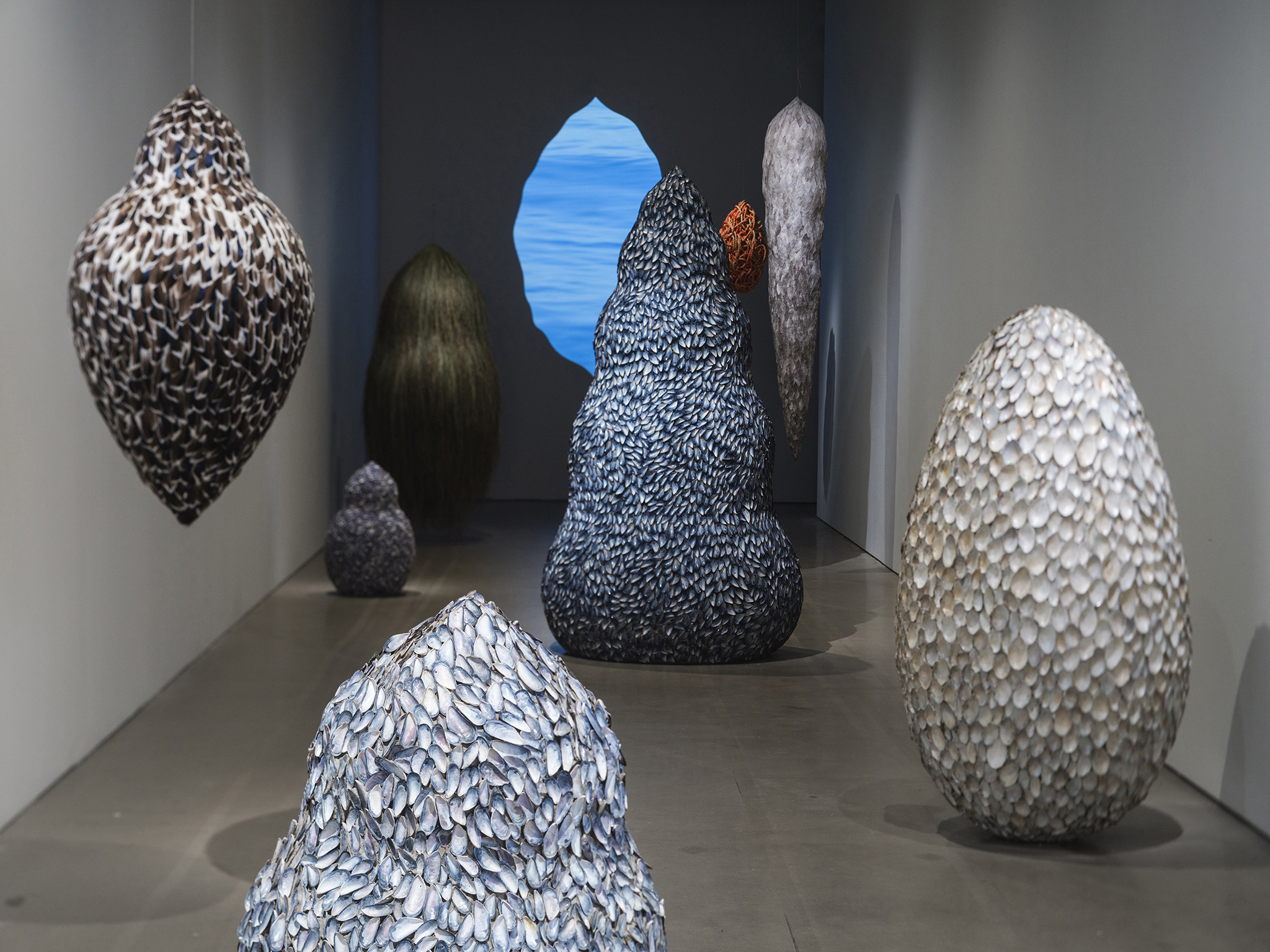 Anastasia Savinova, Tidal Gatherings, 2022-2024, Shells, ropes, river grass, feathers, fish skin, video projection, exhibition view, Bonniers Konsthall, Stockholm