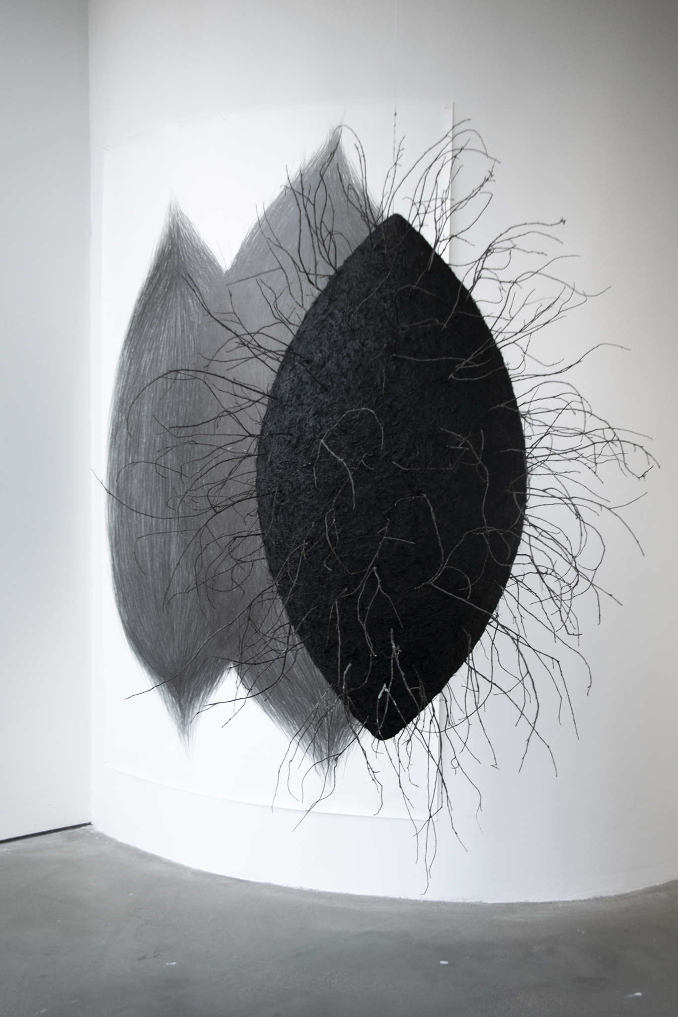 Anastasia Savinova, Geosmin, 2024, Soil, clay, pigment, grass, glue, branches, 200x130x130 cm
