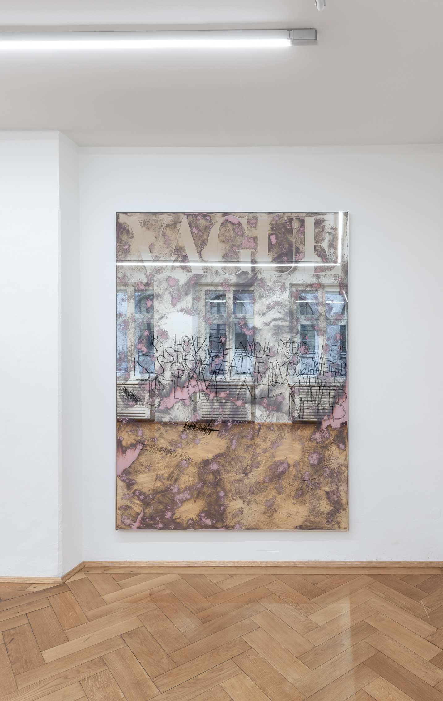 Olga Migliaressi-Phoca, "JULY ISSUE â VAGUE â YEAR 2067", 2024, bleached & scratched mirror, epoxy paint, aluminum frame, 160 x 218,5 x 3 cm