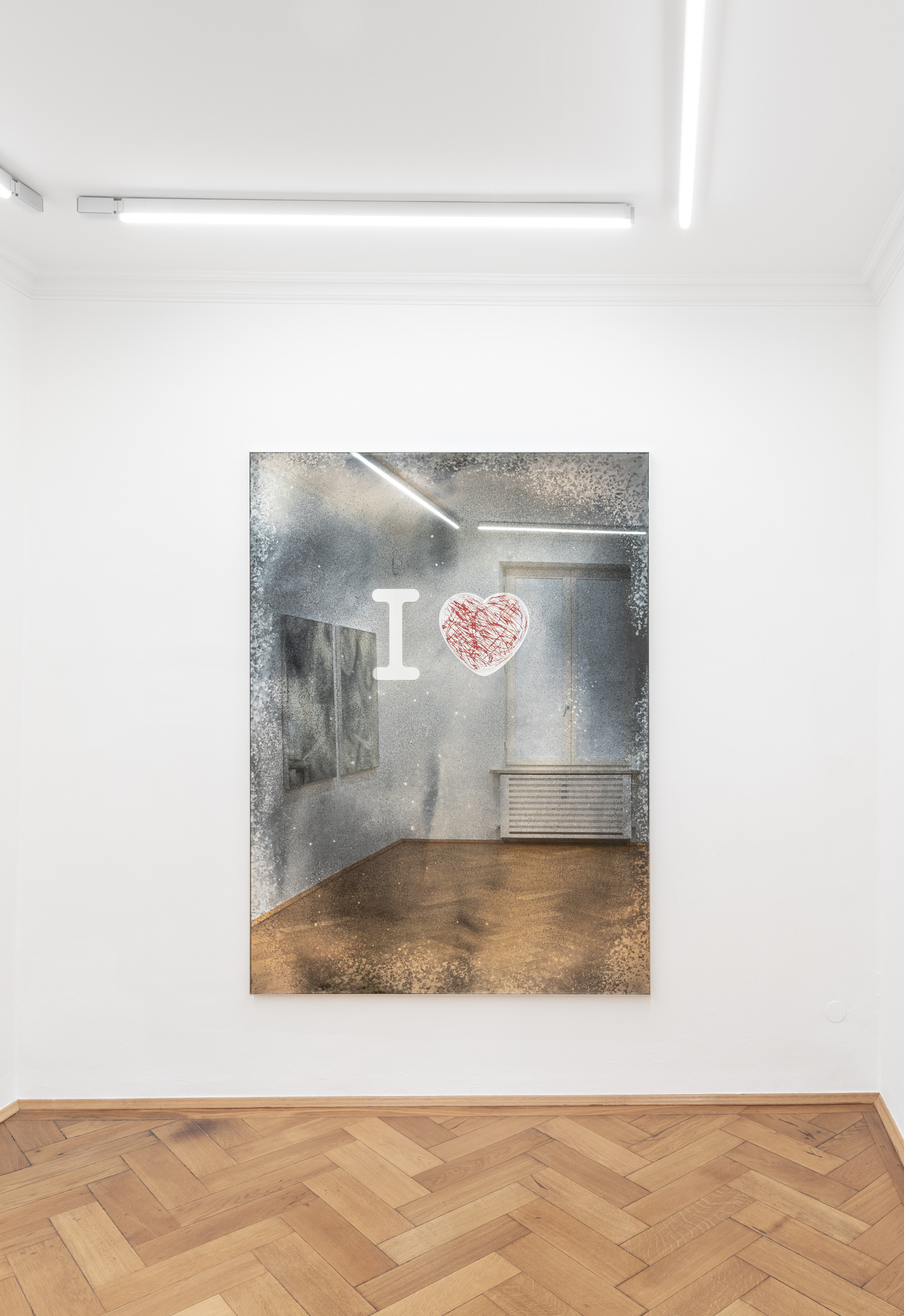 Olga Migliaressi-Phoca, "I LOVE (SELF REFLECTION)", 2024, bleached & scratched mirror, epoxy paint, aluminum frame, 140 x 190 x 3 cm