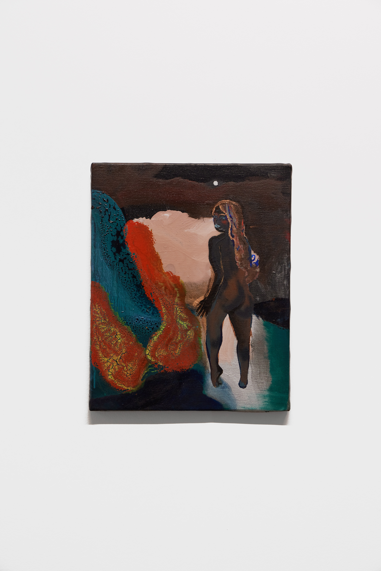 Inès di Folco Jemni, Jeune déesse, 2025, oil and ink on canvas, 41 × 33,5 × 2 cm. Courtesy of the artist and Crèvecœur, Paris.