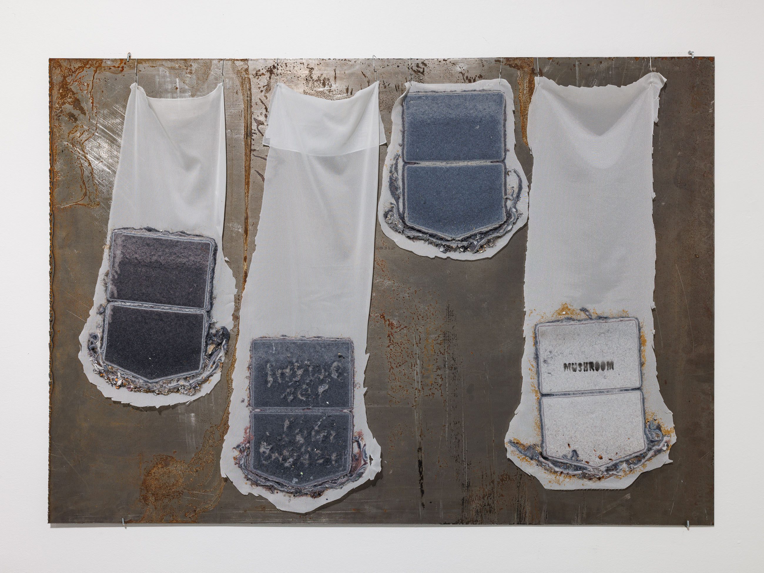 Works from the serie: Bodies, 2023-2025, dryer filters, steel, variable dimensions, photo: Szymon SokoĆowski