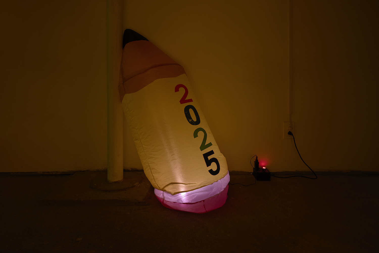 Jacob Jackmauh, â2025,â 2025. Resewn polyester inflatable decoration, hand stitching, fan, LED lights, voltage regulator, 52 x 23 x 19 inches