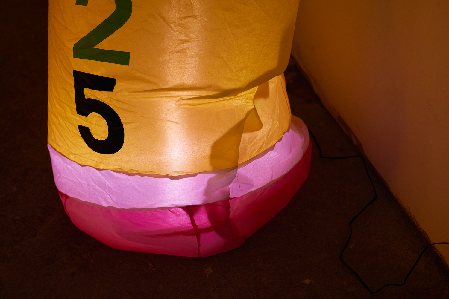 Jacob Jackmauh, â2025,â 2025. Resewn polyester inflatable decoration, hand stitching, fan, LED lights, voltage regulator, 52 x 23 x 19 inches