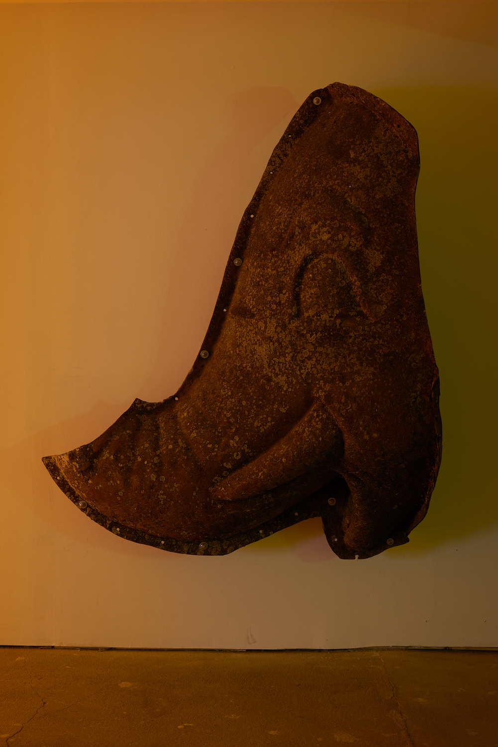 Jacob Jackmauh, âSeeing The Elephant,â 2024. Discarded factory mold, moss, lichen, dirt, hardware, 63 x 49 x 24 inches