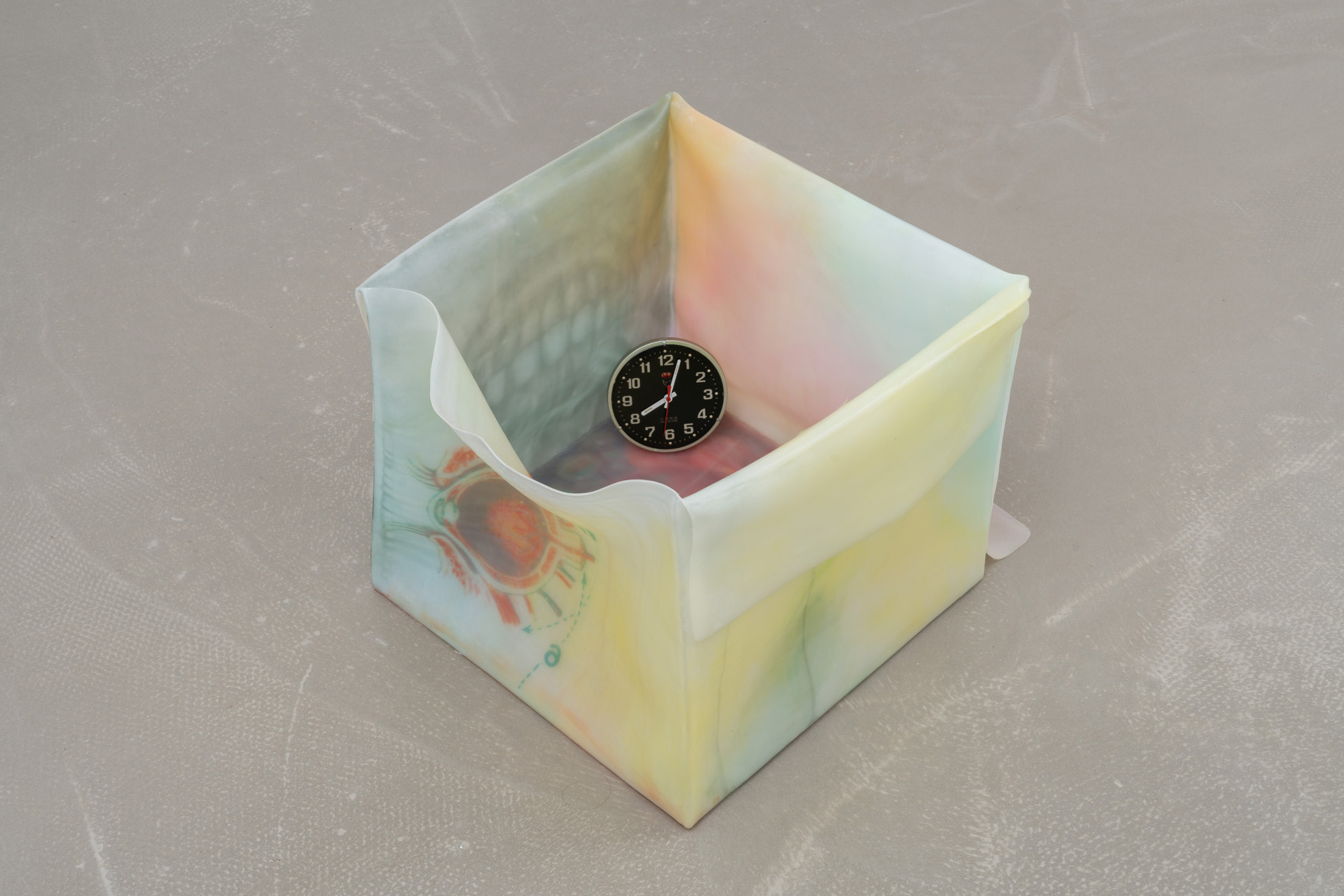 f, 2025 - inkjet print transfers on white glue, epoxy resin, anti-UV varnish, found objects, 36 x 52 x 43,5 cm