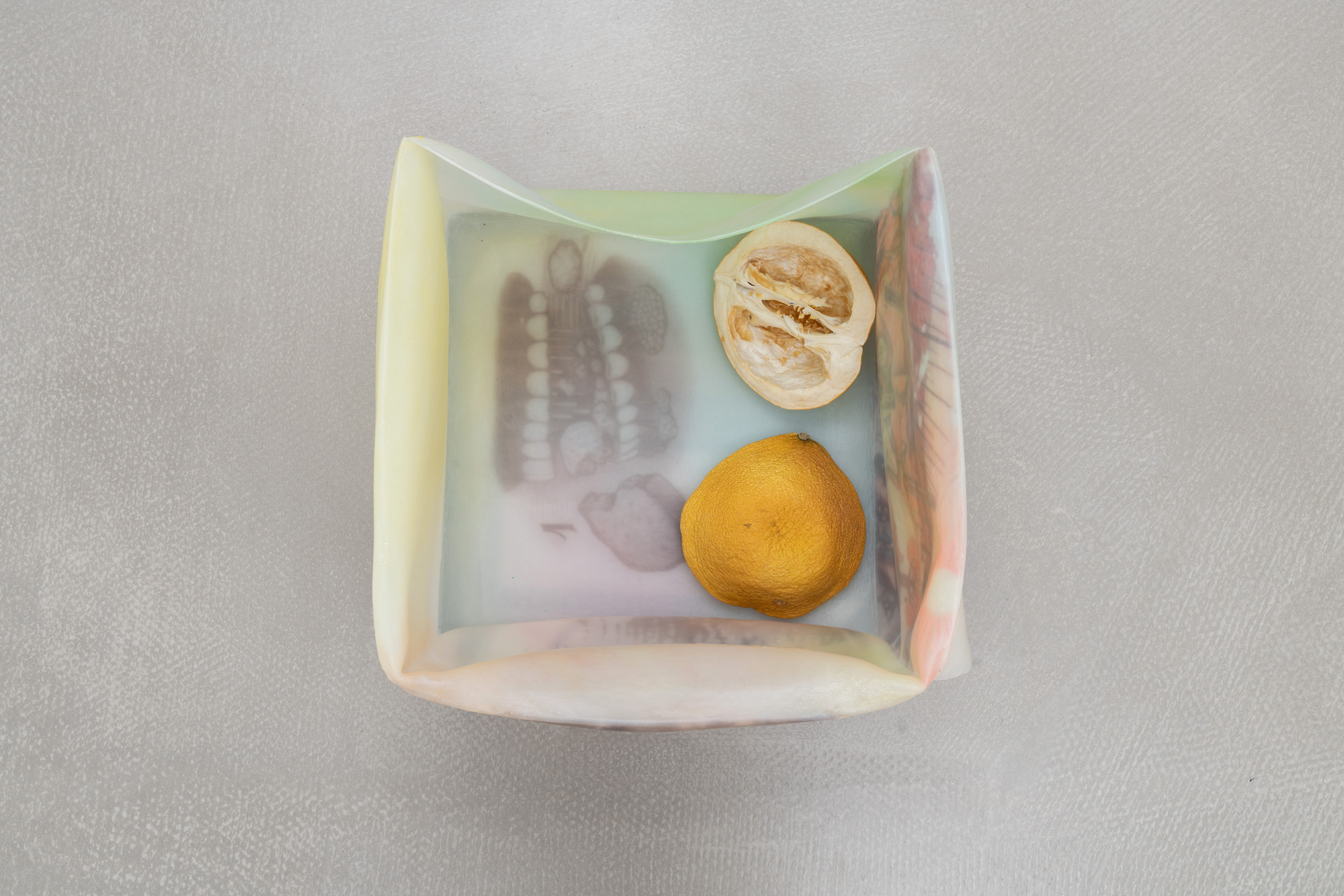 o, 2025 - inkjet print transfers on white glue, epoxy resin, anti-UV varnish, found objects, 33 x 43 x 40 cm