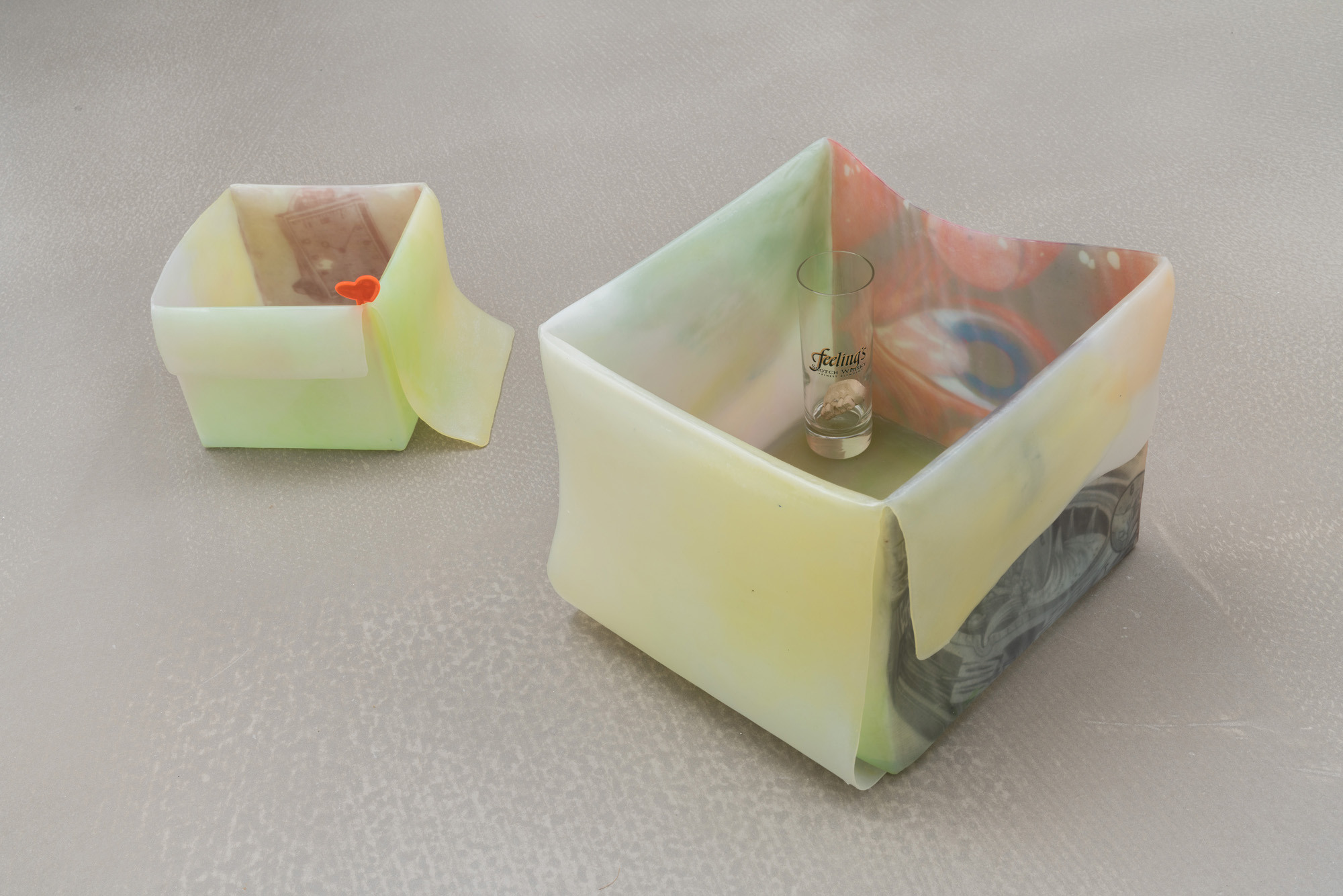 t, 2025 - inkjet print transfers on white glue, epoxy resin, anti-UV varnish, found objects, 23 x 30 x 31 cm