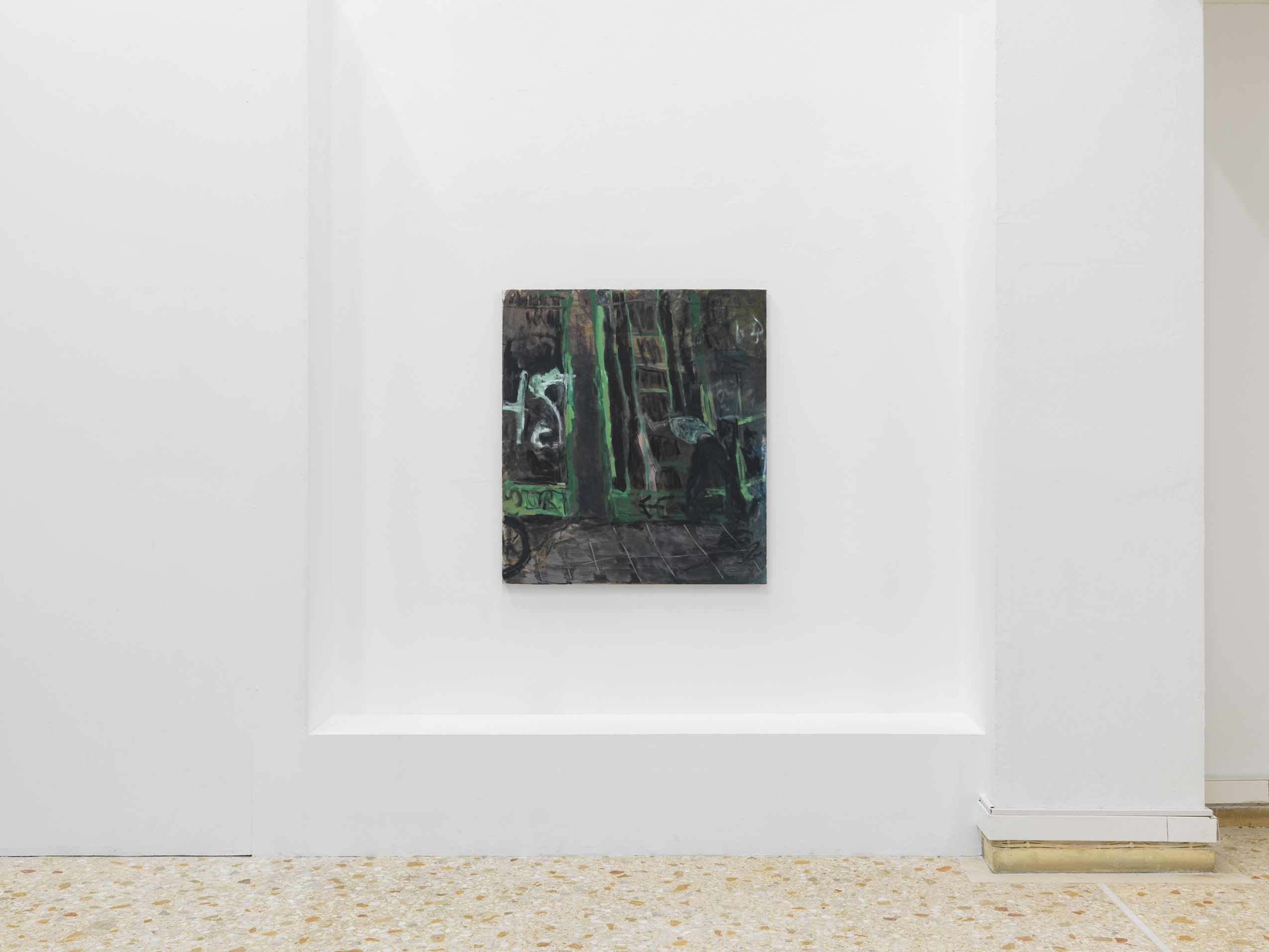 Installation view - in the night it gets dark, 2025, oil on linen, 90 x 100 cm