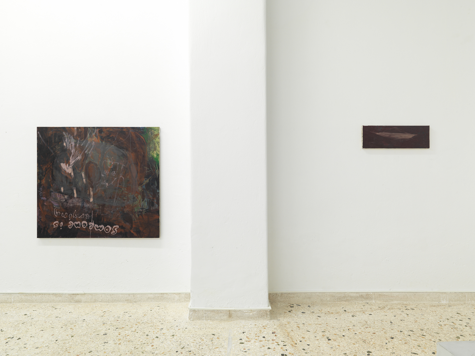 Installation view - From L to R: Someone is crying, 2025, oil on linen, 100 x 110 cm, / , 2025, oil on canvas, 20 x 60 cm