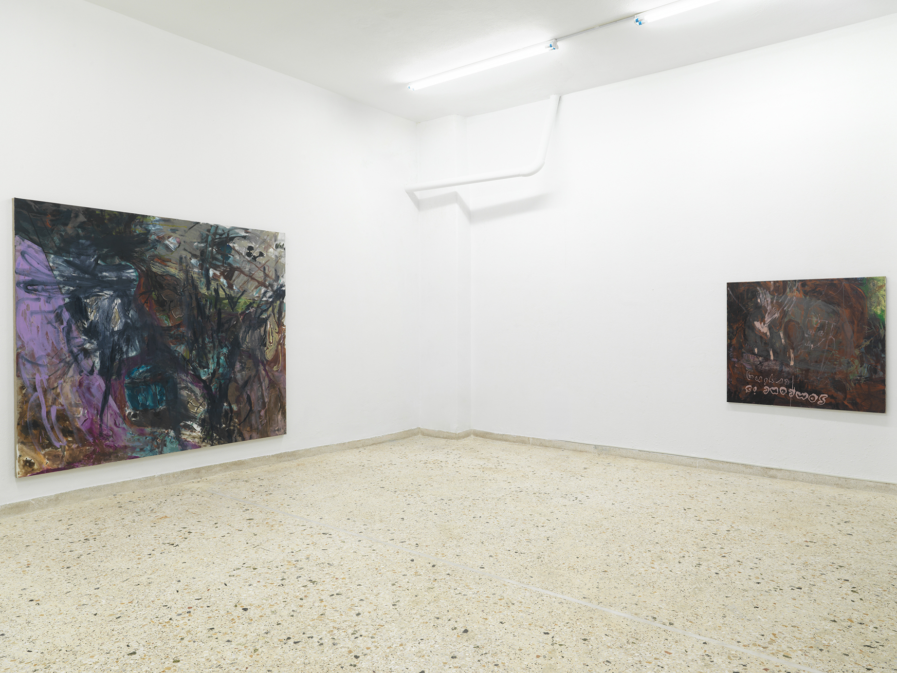 Installation view - From L to R: V, 2025, oil on linen, 180 x 210 cm, Someone is crying, 2025, oil on linen, 100 x 110 cm