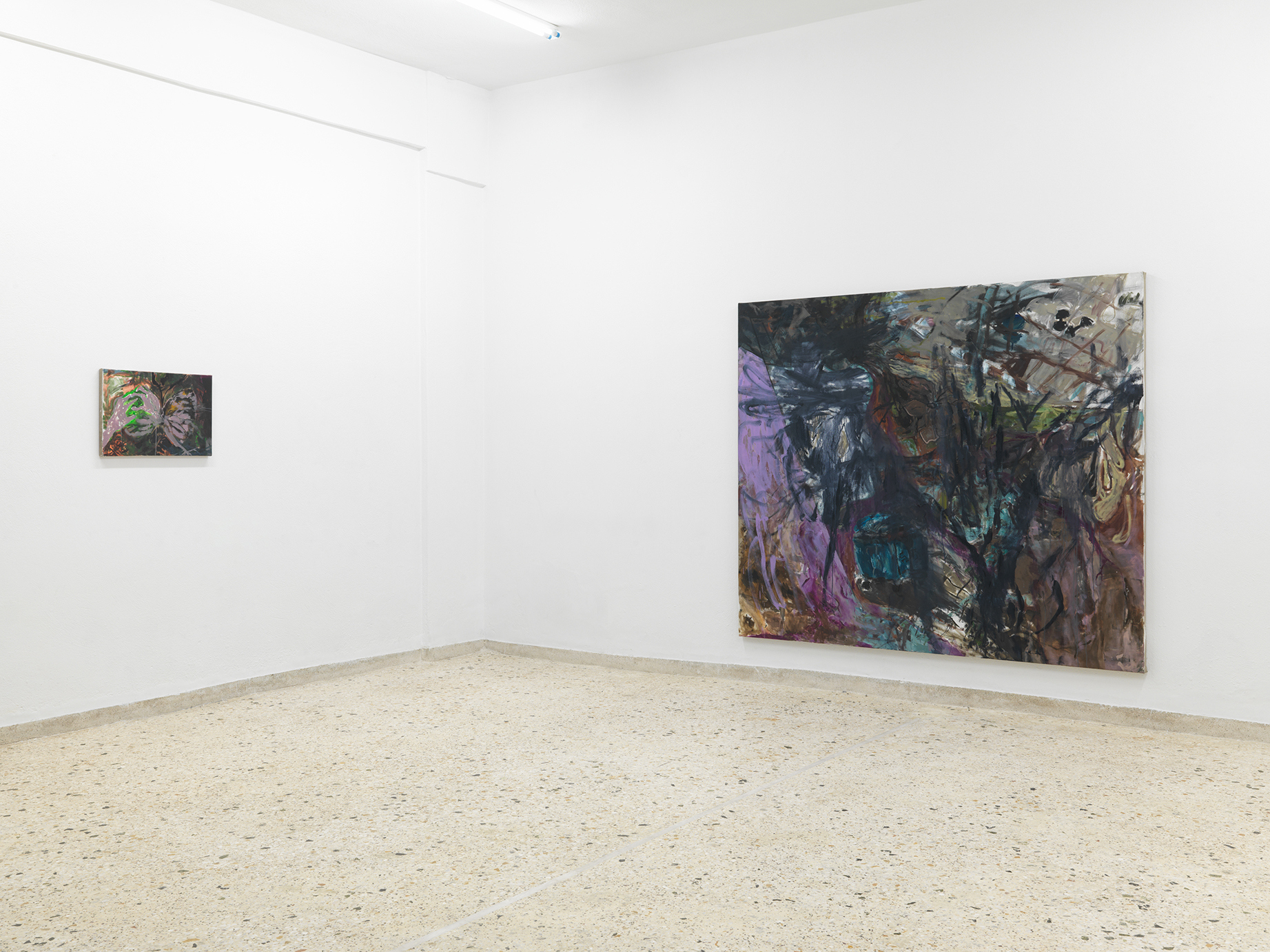 Installation view - From L to R: Untitled (hands), 2024, oil on linen, 40 x 60 cm, V, 2025, oil on linen, 180 x 210 cm