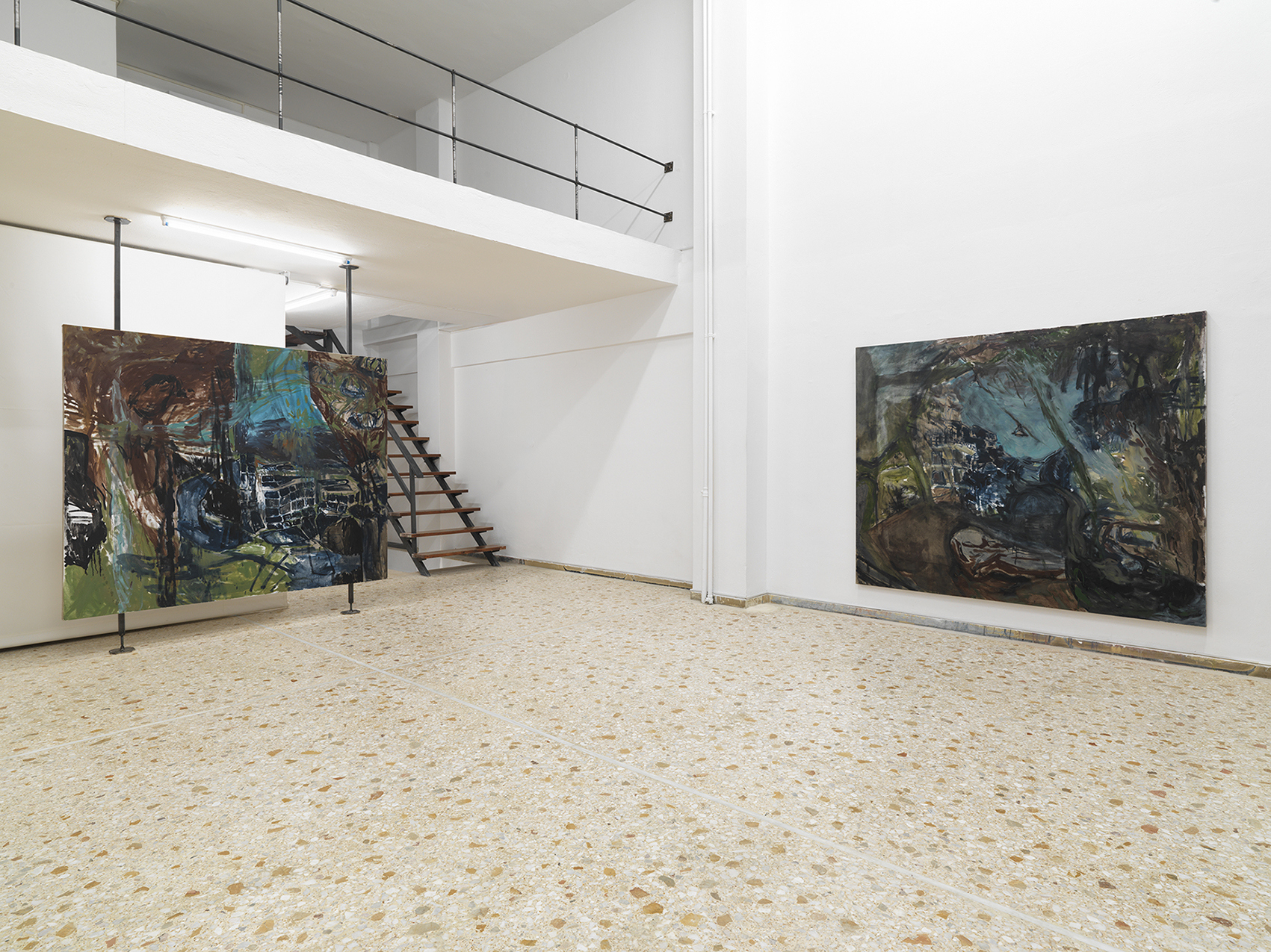 Installation view - From L to R: Full moon, 2025, oil on linen, 180 x 210 cm, Fall, 2025, oil on linen, 180 x 210 cm