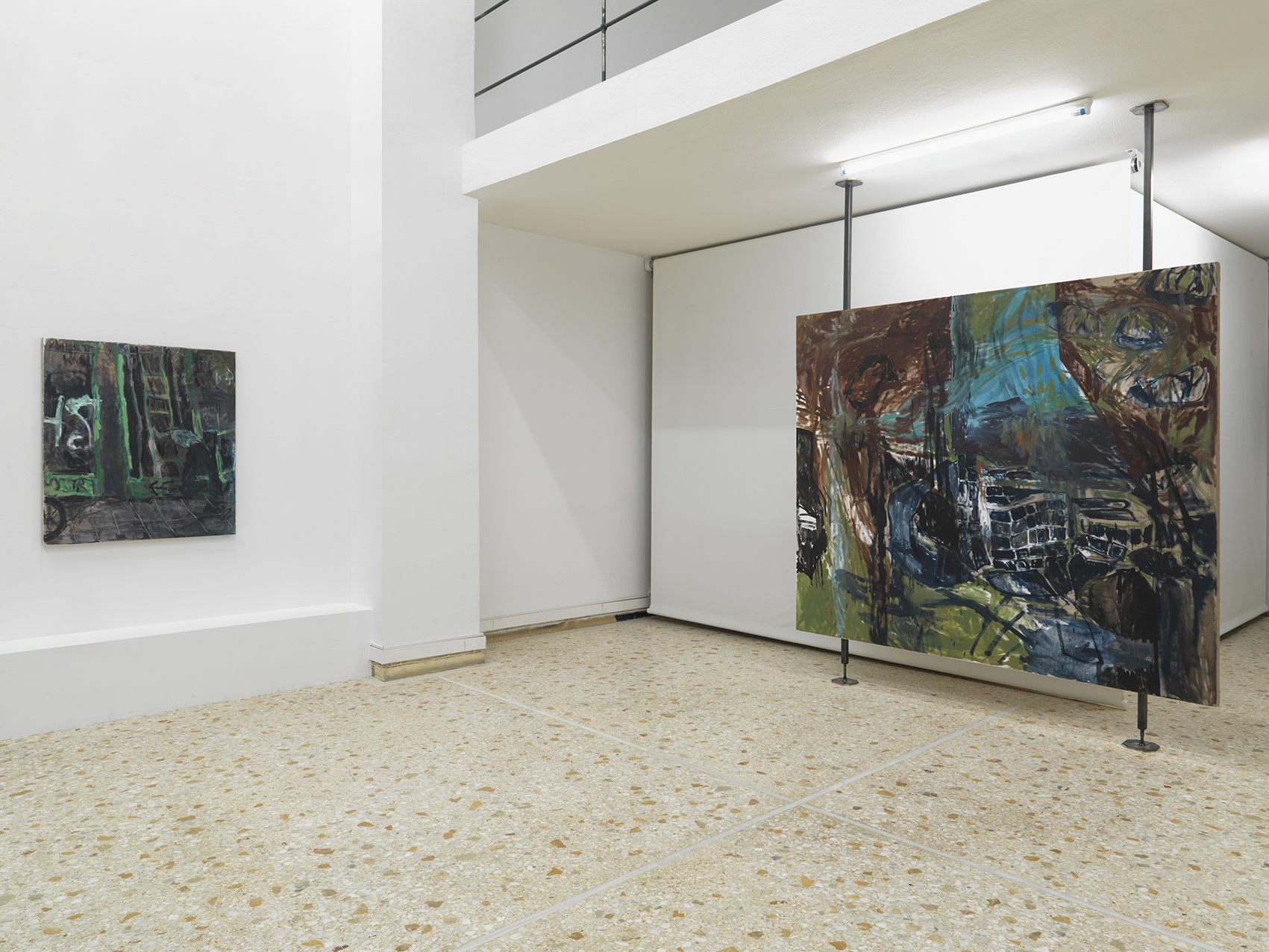 Installation view - From L to R: in the night it gets dark, 2025, oil on linen, 90 x 100 cm, Full moon, 2025, oil on linen, 180 x 210 cm