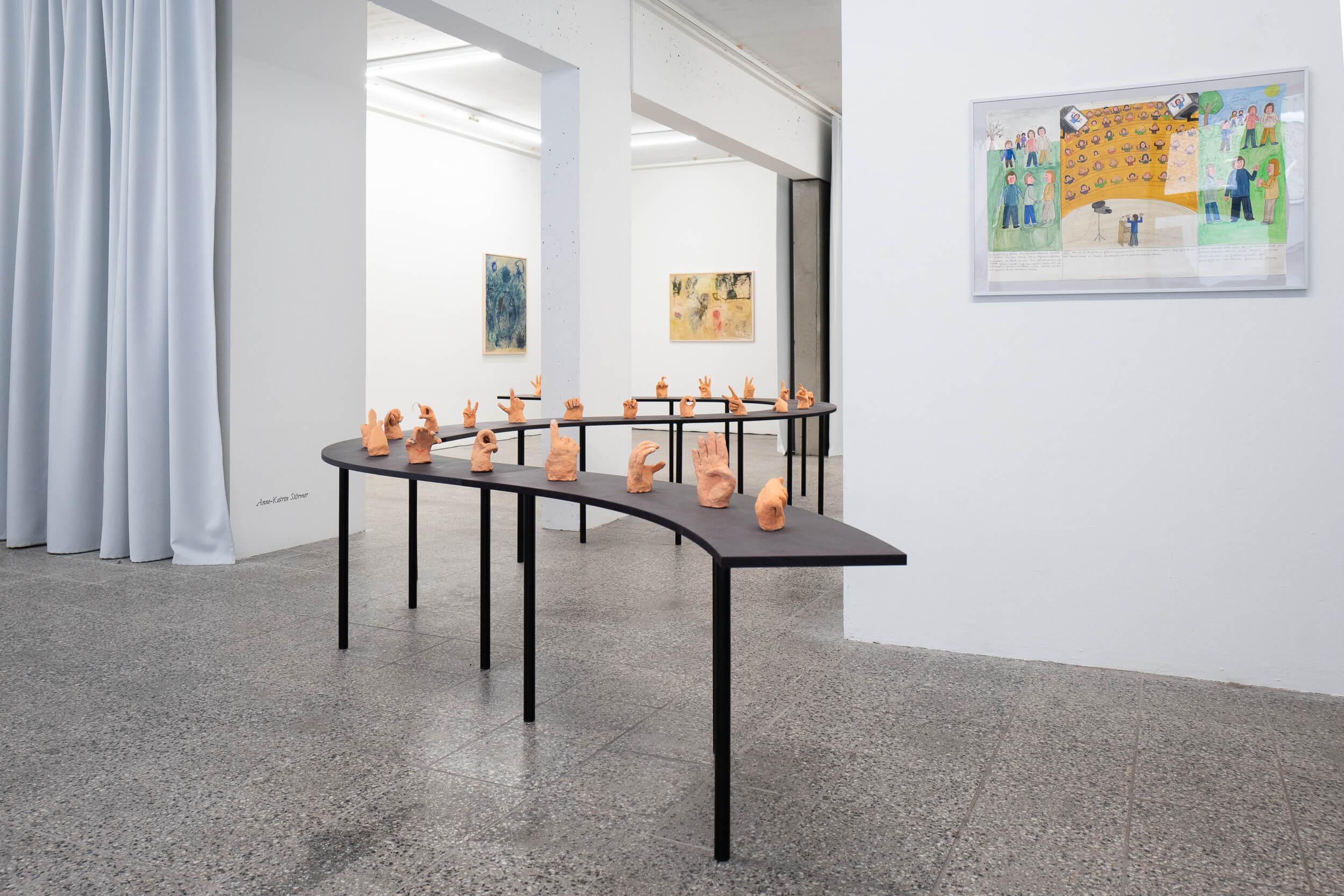 Anne-Katrin Störmer: Finger Alphabet, ceramics and tempera (2015-2024), University for Learning Sign Languages for Hearing People, ballpoint pen, pencil, watercolor on paper (2007)